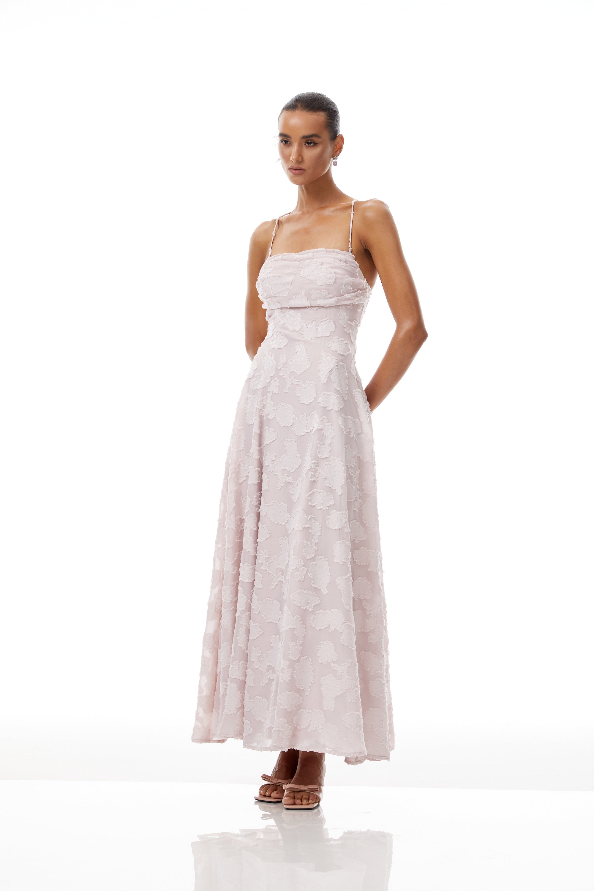 Célestine Pink Frayed Floral Embroidered Maxi Dress