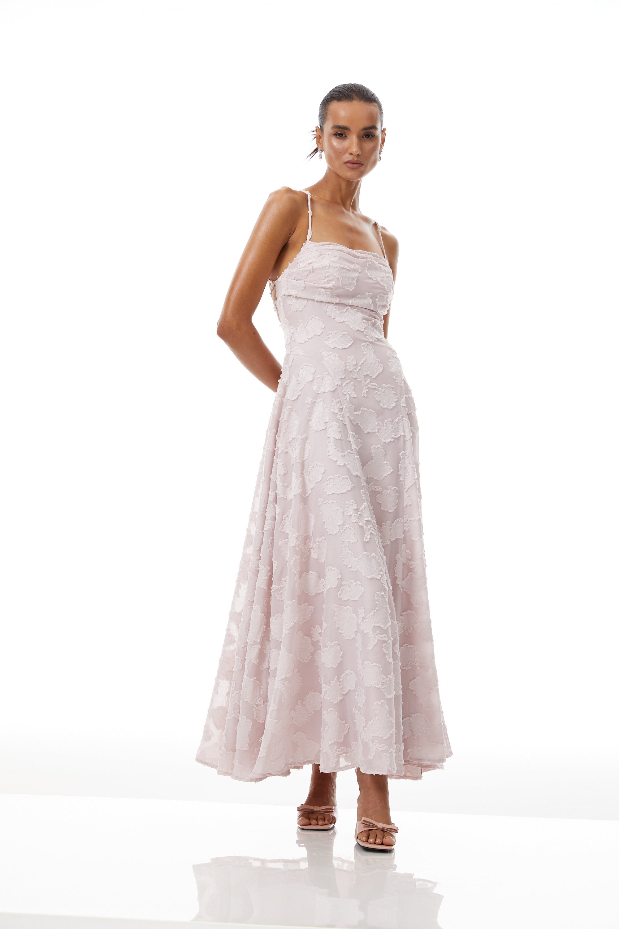Célestine Pink Frayed Floral Embroidered Maxi Dress