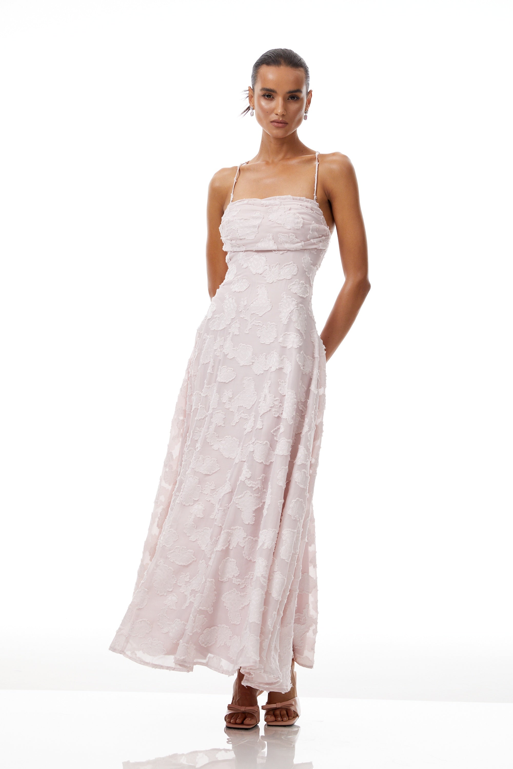 Célestine Pink Frayed Floral Embroidered Maxi Dress