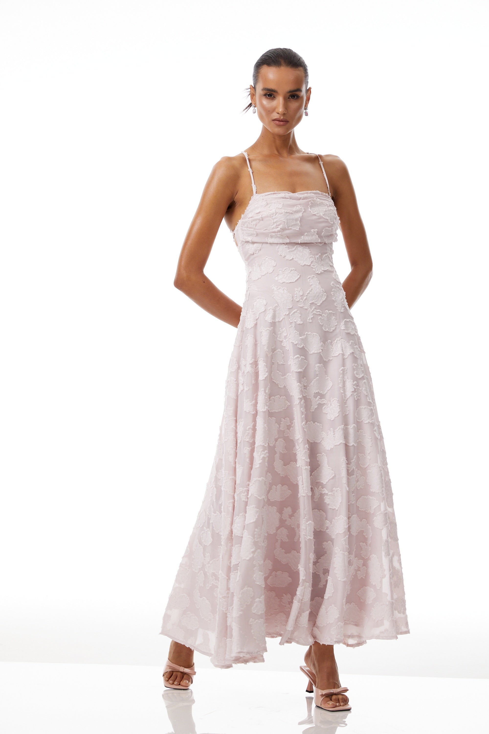 Célestine Pink Frayed Floral Embroidered Maxi Dress
