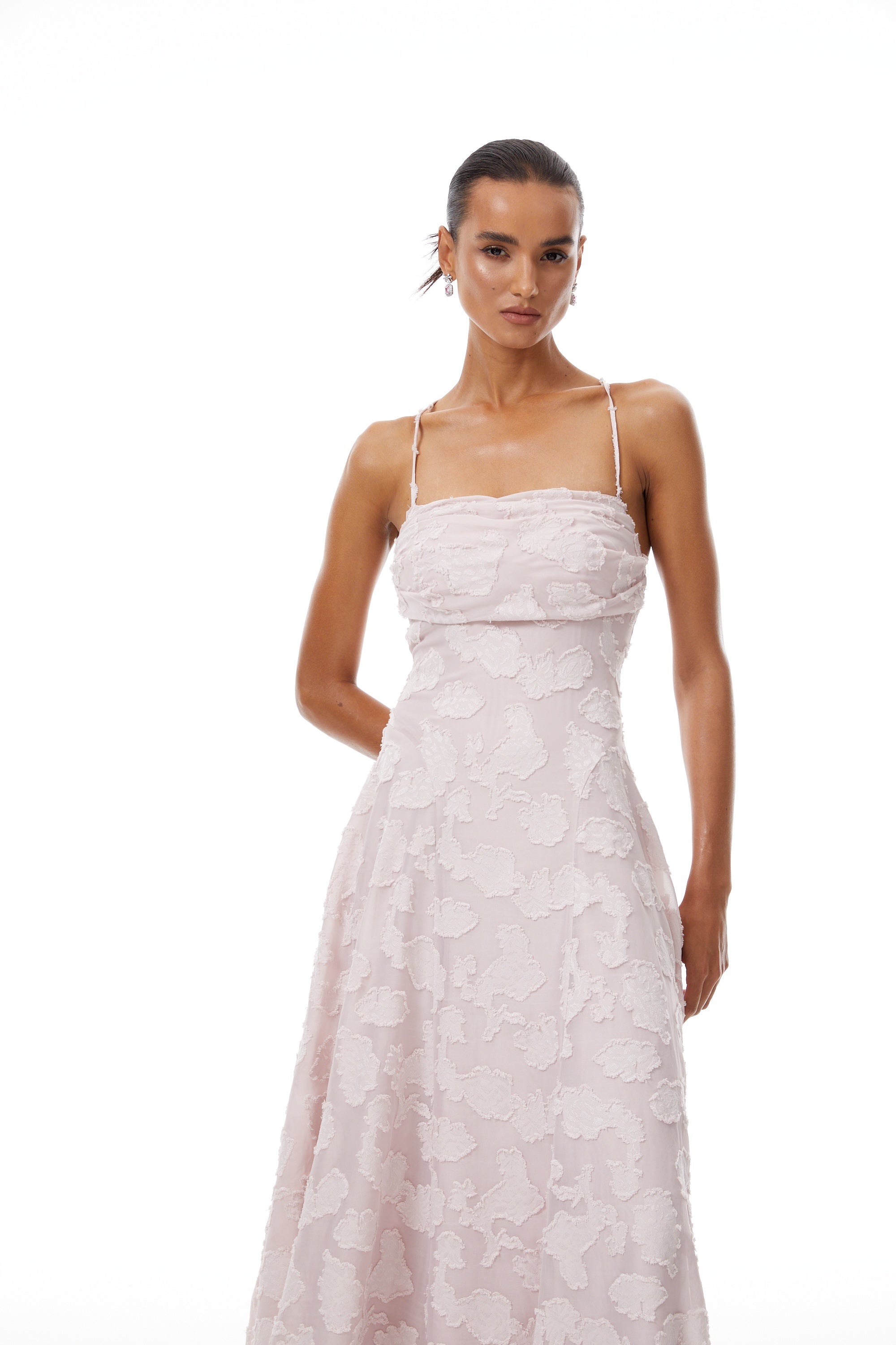 Célestine Pink Frayed Floral Embroidered Maxi Dress