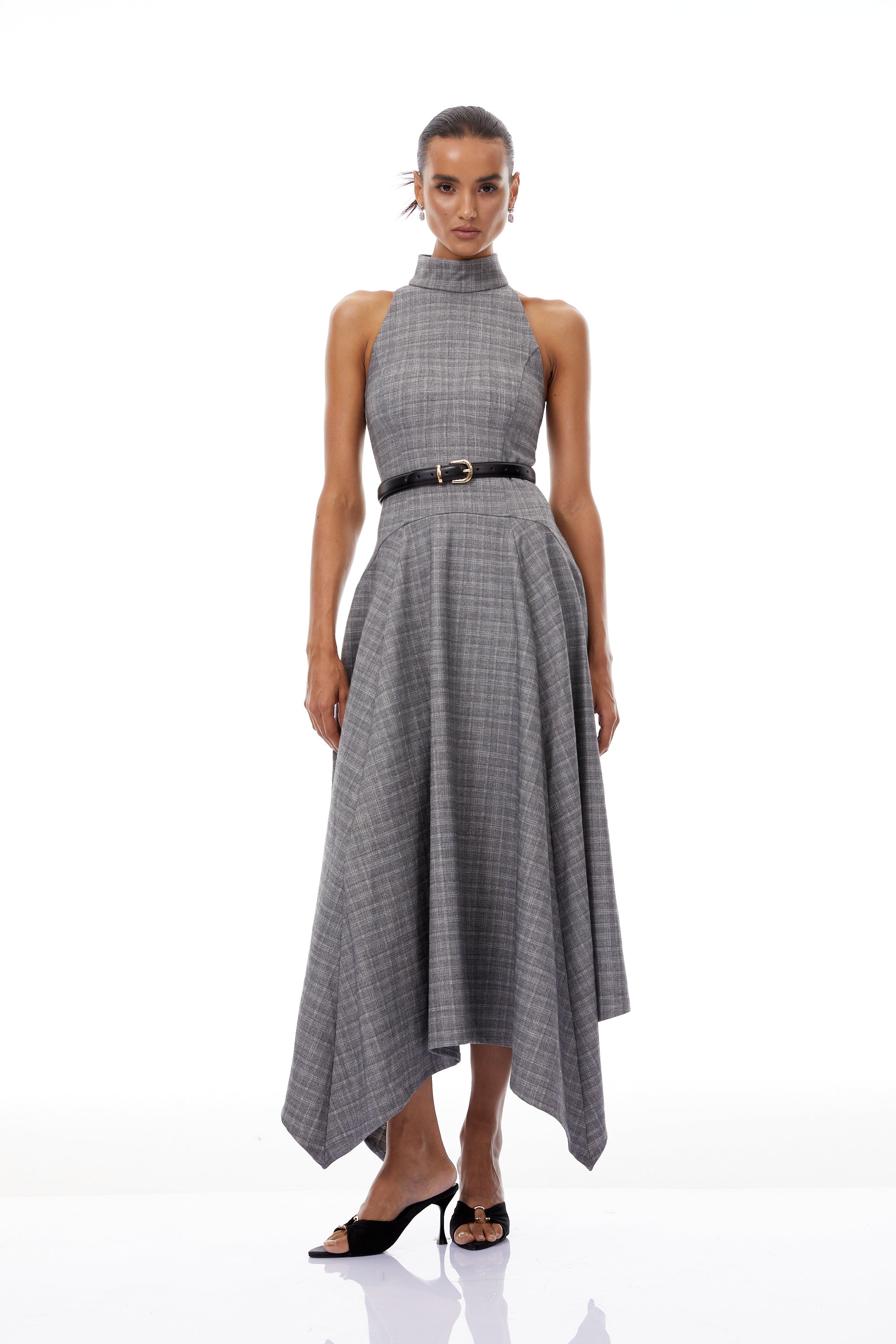 Wilhemine Grey Checked Tweed Midi Dress (Without Belt)