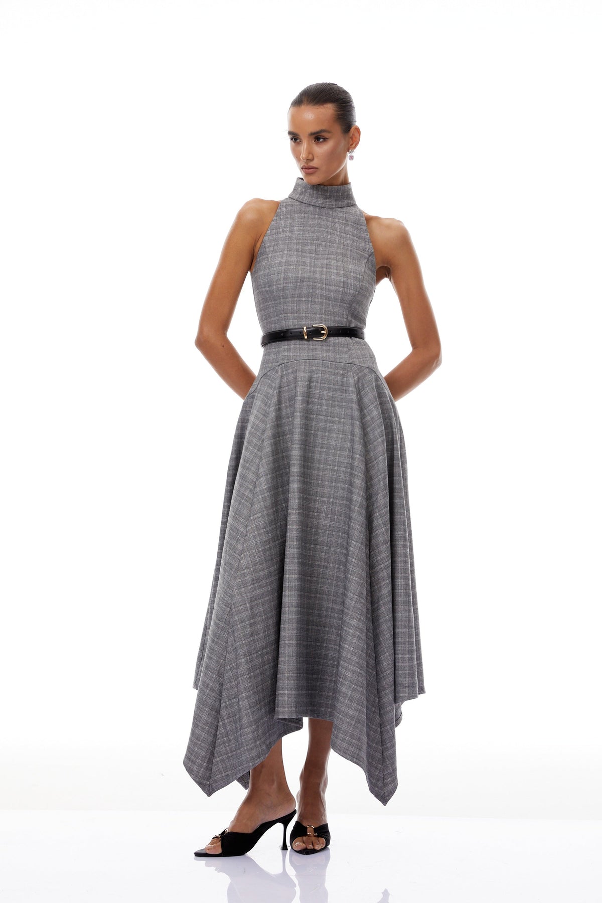 Wilhemine Grey Checked Tweed Midi Dress (Without Belt) (Final Sale-US Only)