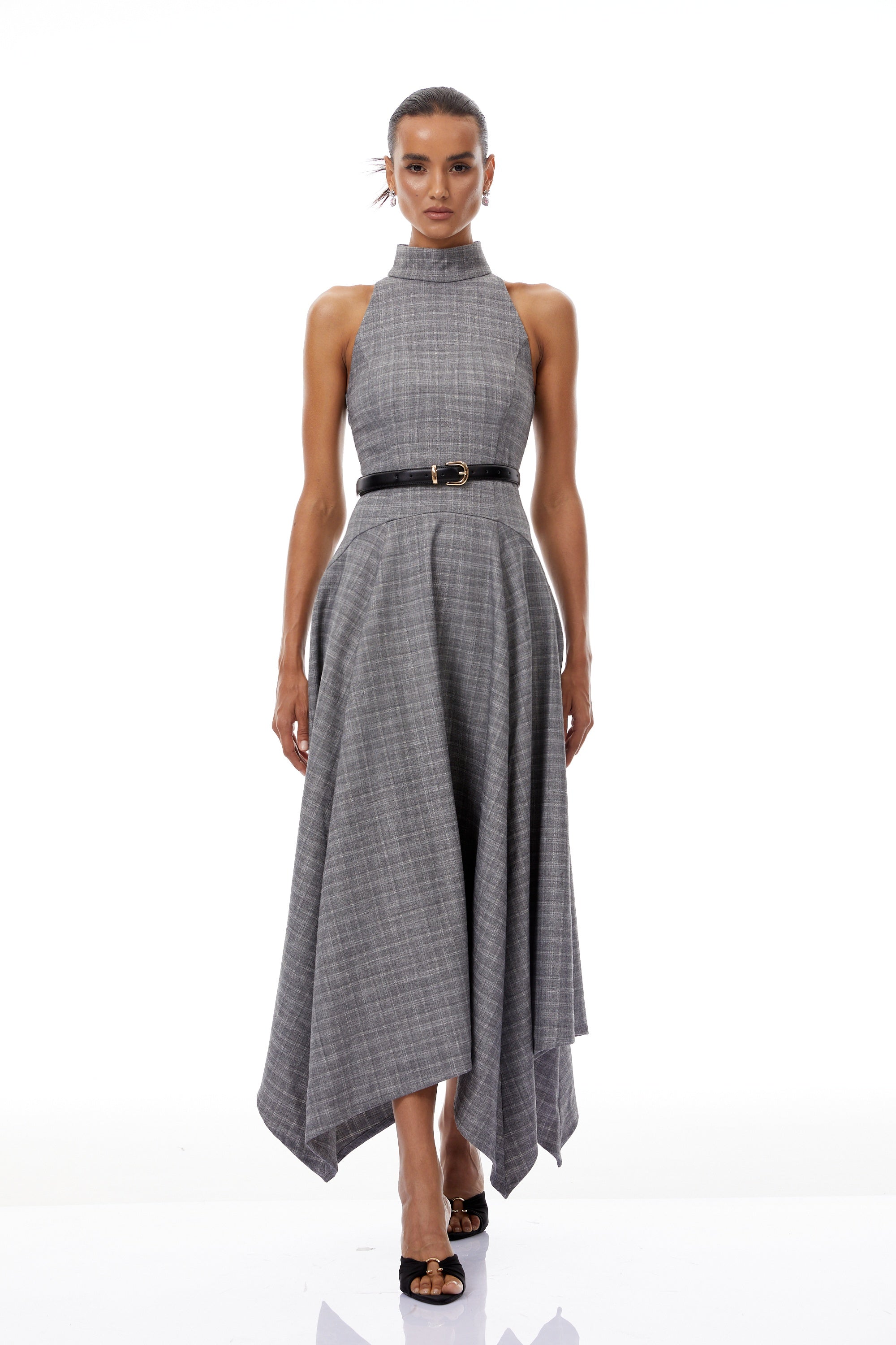 Wilhemine Grey Checked Tweed Midi Dress (Without Belt)