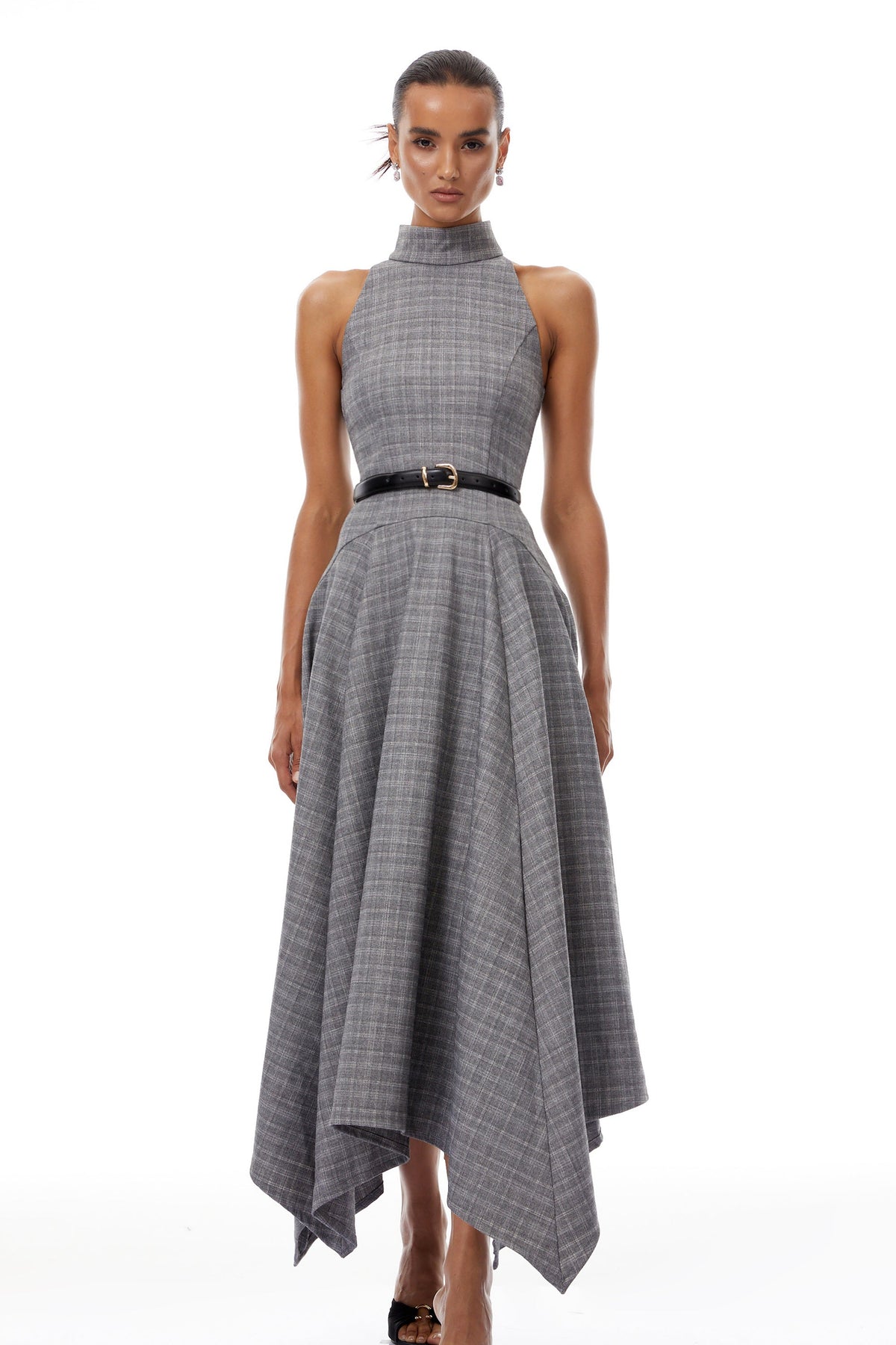 Wilhemine Grey Checked Tweed Midi Dress (Without Belt) (Final Sale)