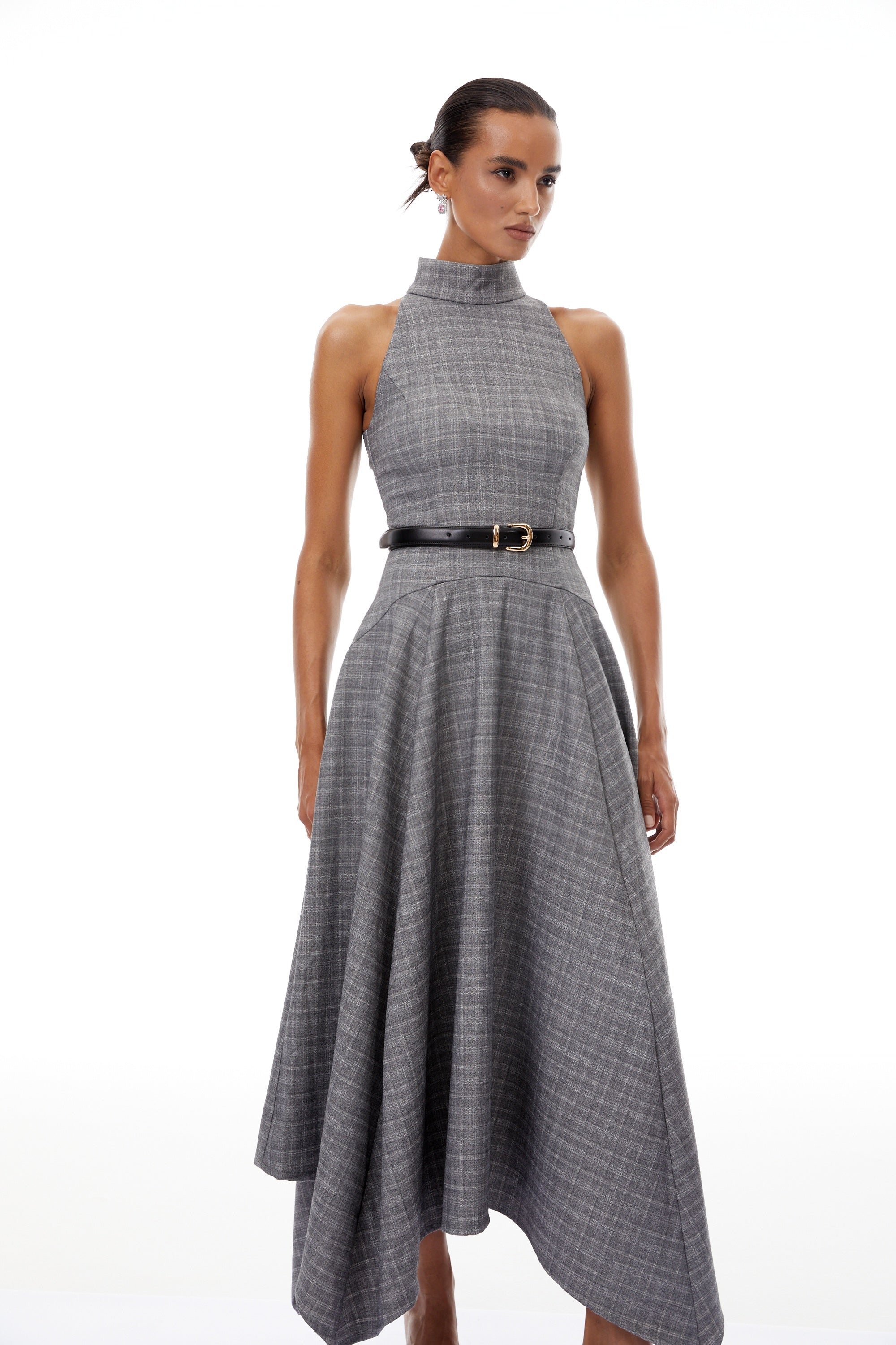Wilhemine Grey Checked Tweed Midi Dress (Without Belt)