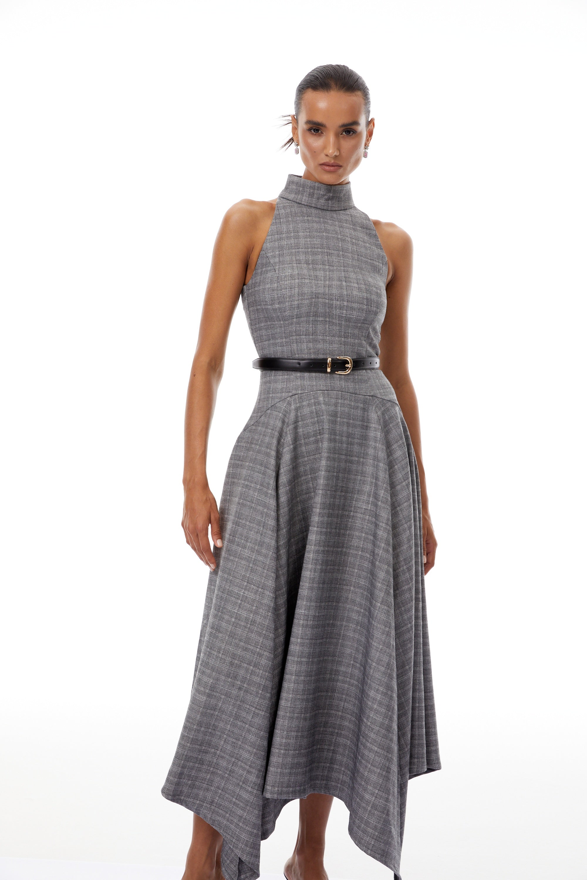 Wilhemine Grey Checked Tweed Maxi Dress (Without Belt)