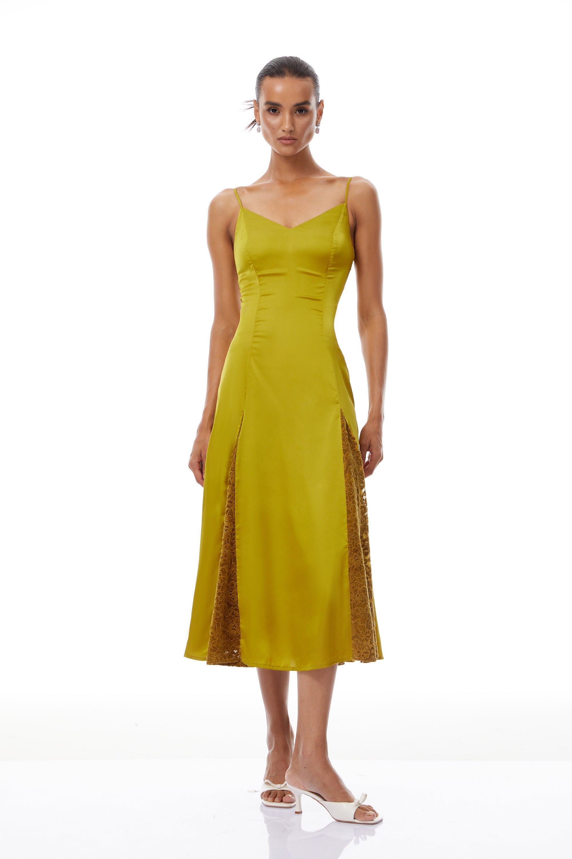 Louise Green Flocked Lace Satin Midi Dress