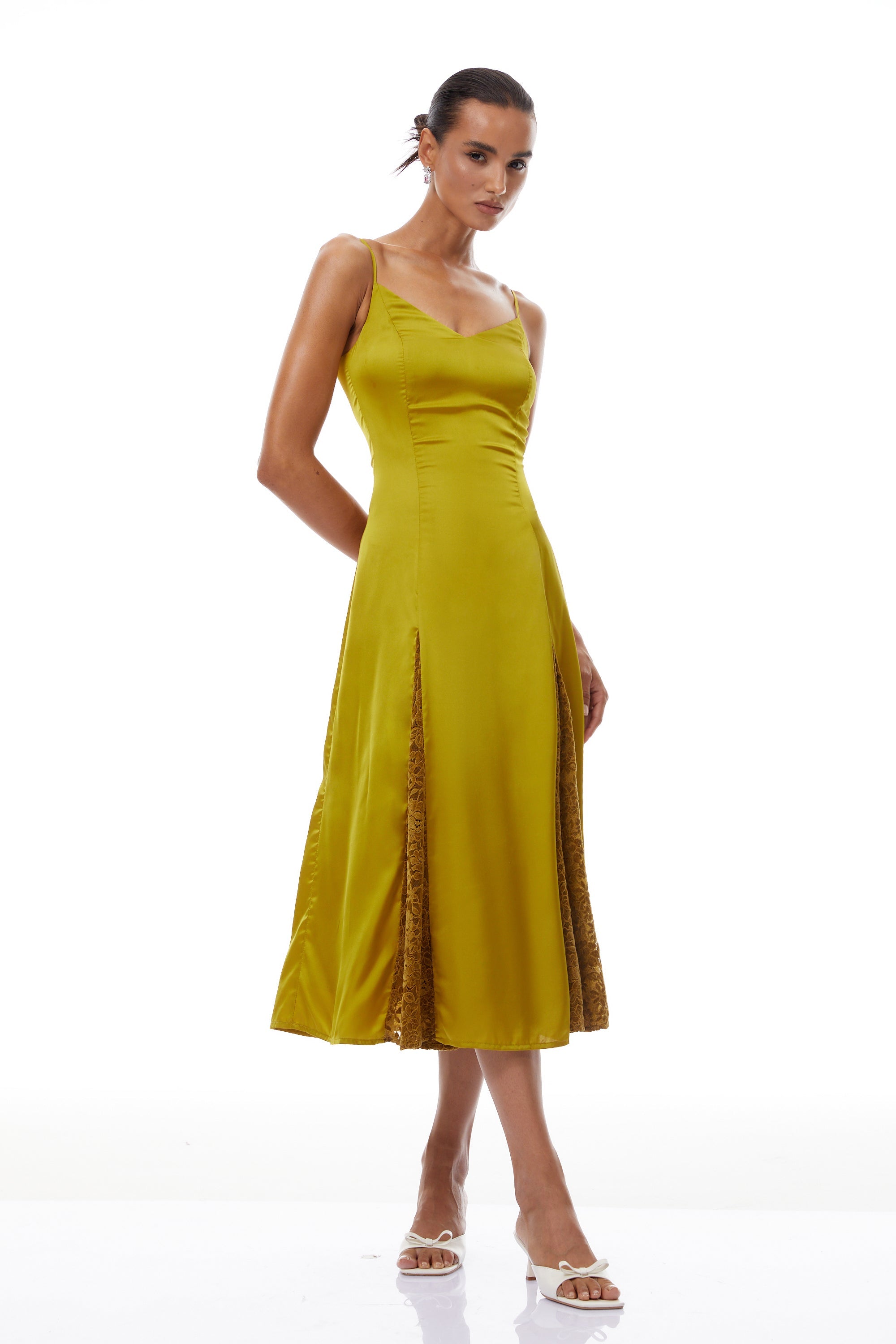 Louise Green Flocked Lace Satin Midi Dress