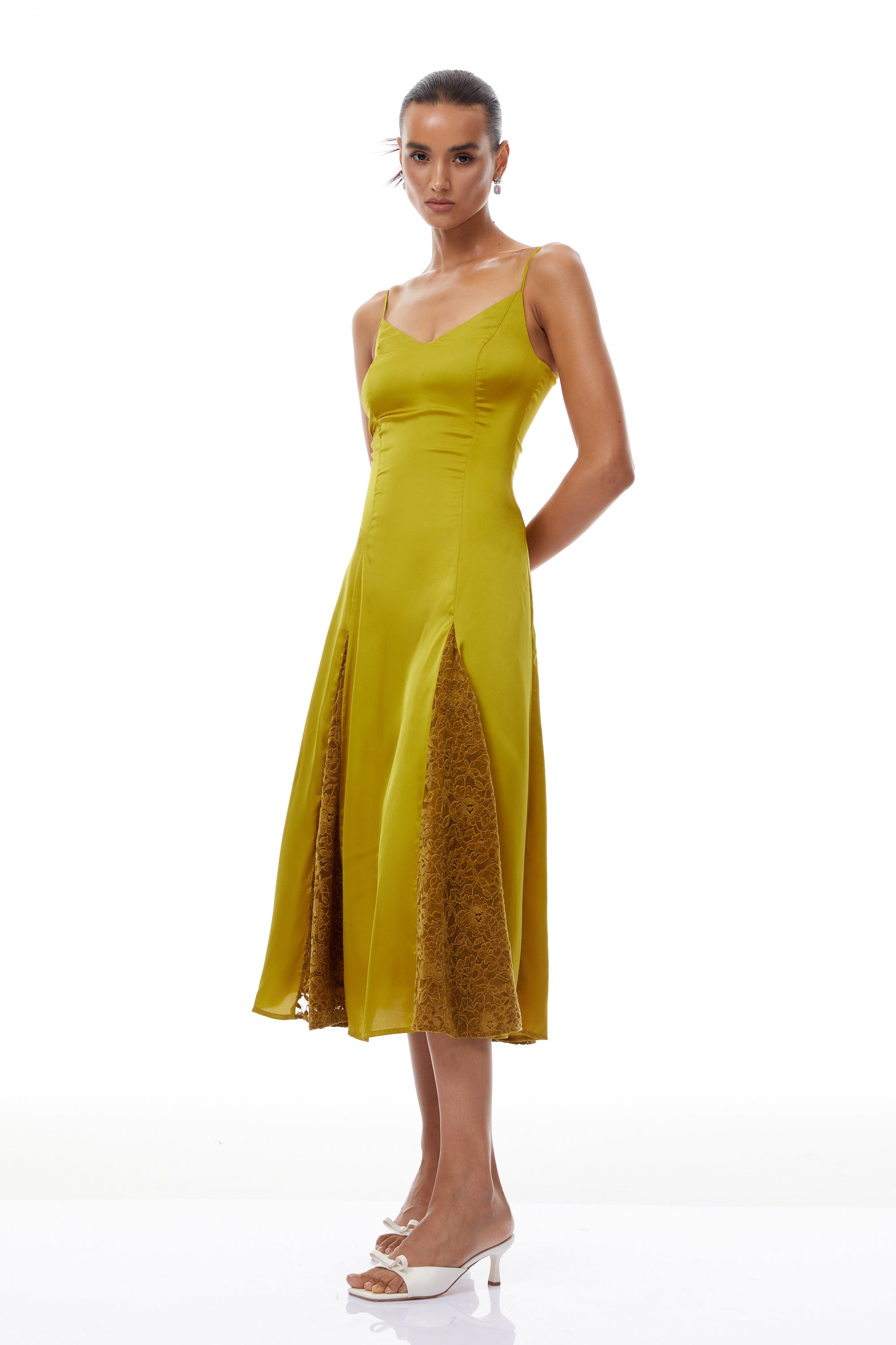 Louise Green Flocked Lace Satin Midi Dress