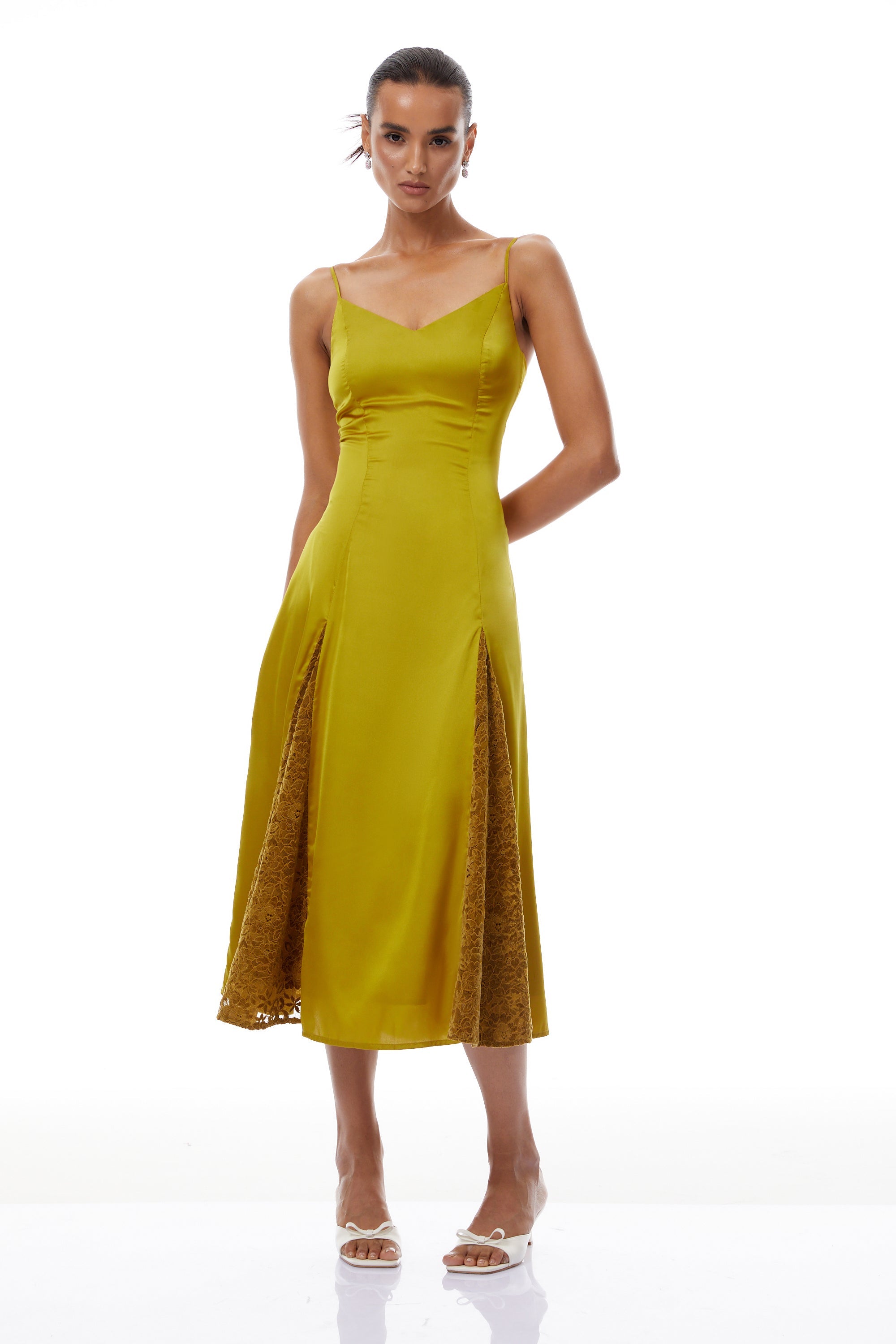 Louise Green Flocked Lace Satin Midi Dress