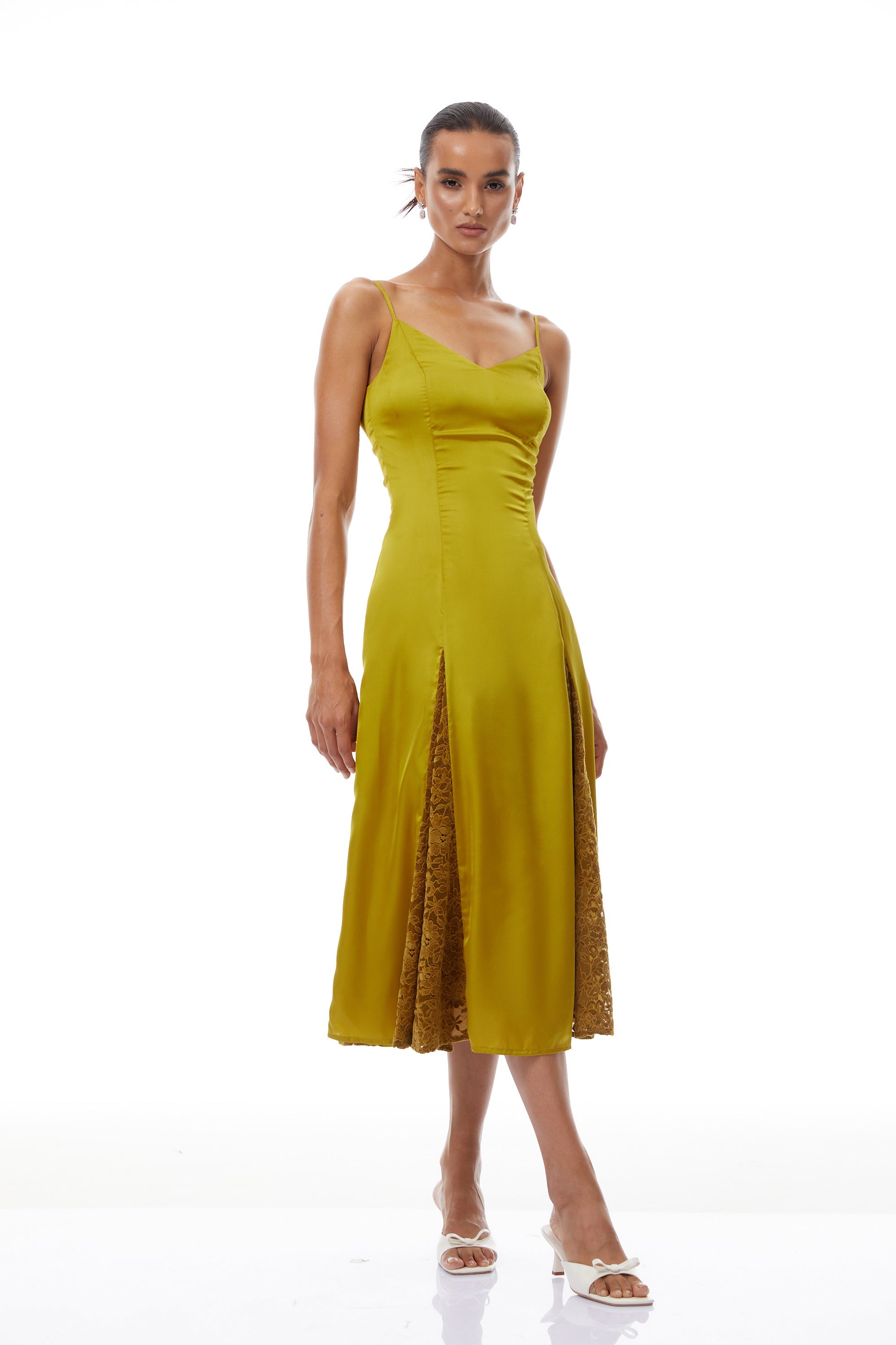 Louise Green Flocked Lace Satin Midi Dress