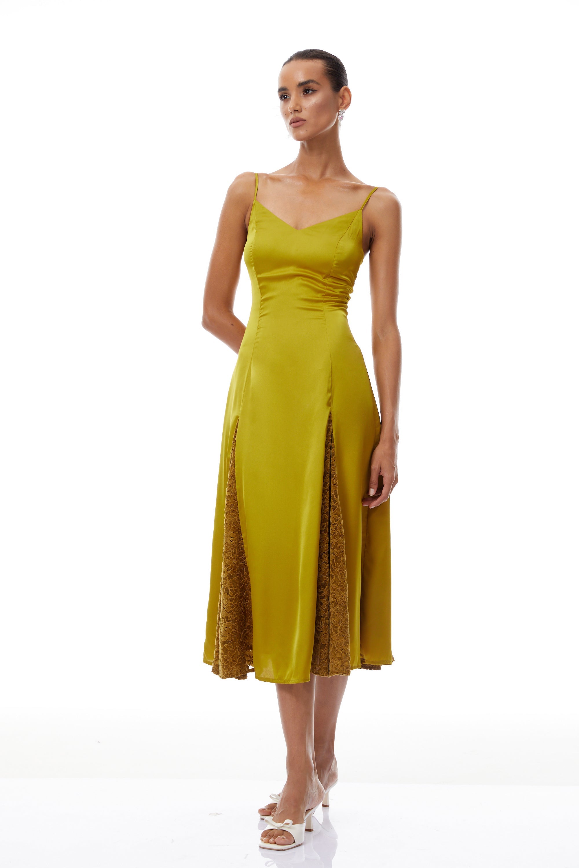 Louise Green Flocked Lace Satin Midi Dress
