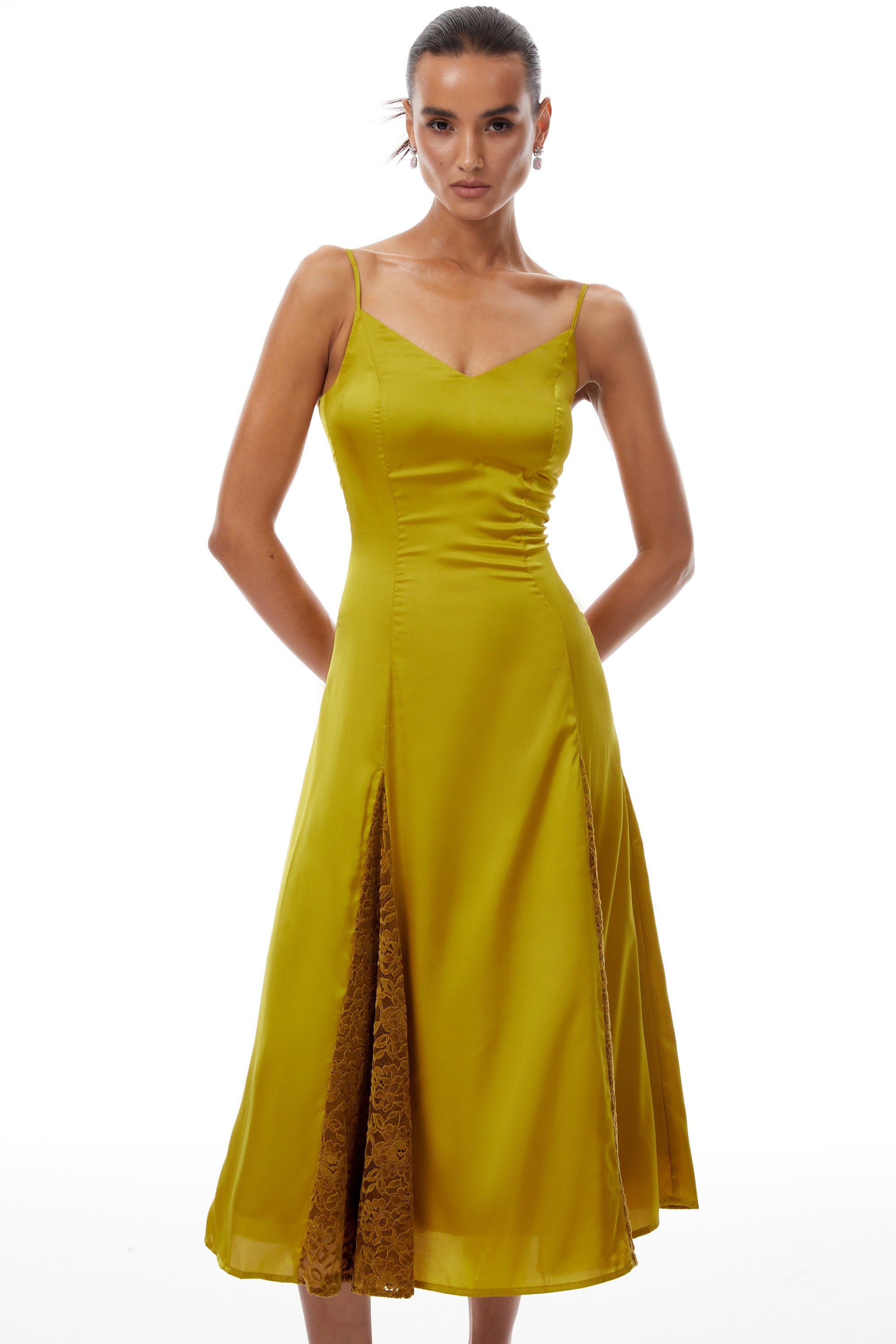 Louise Green Flocked Lace Satin Midi Dress