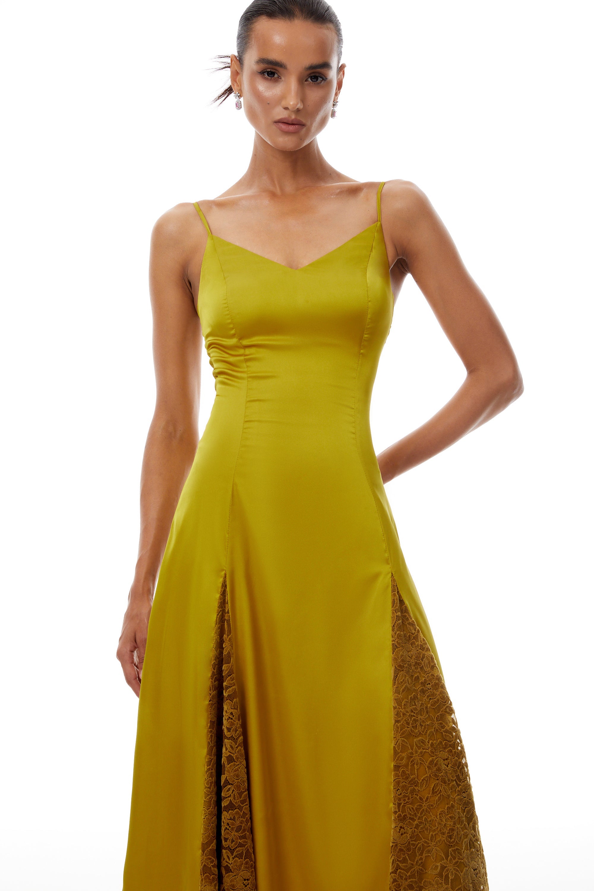 Louise Green Flocked Lace Satin Midi Dress