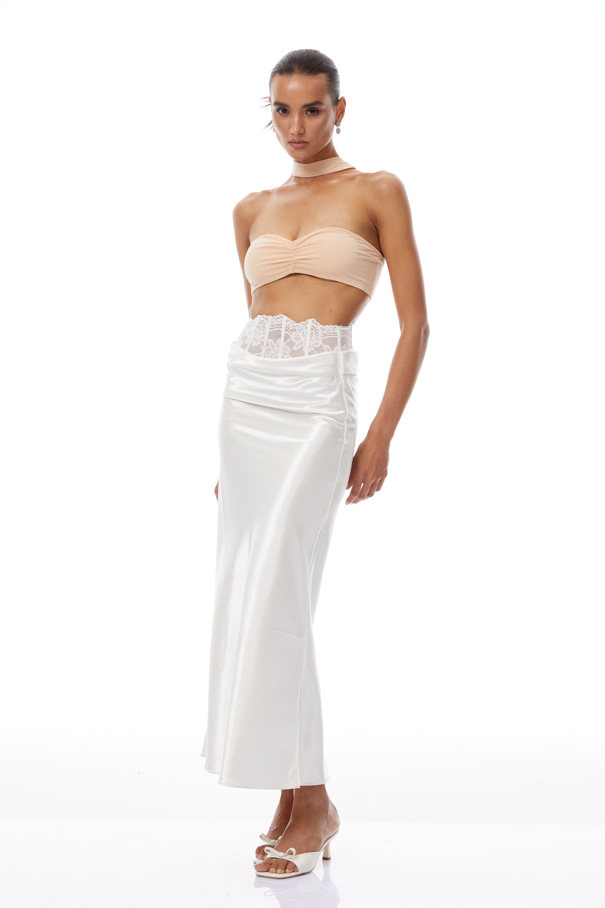 Eeva White Floral Lace Panel Maxi Skirt