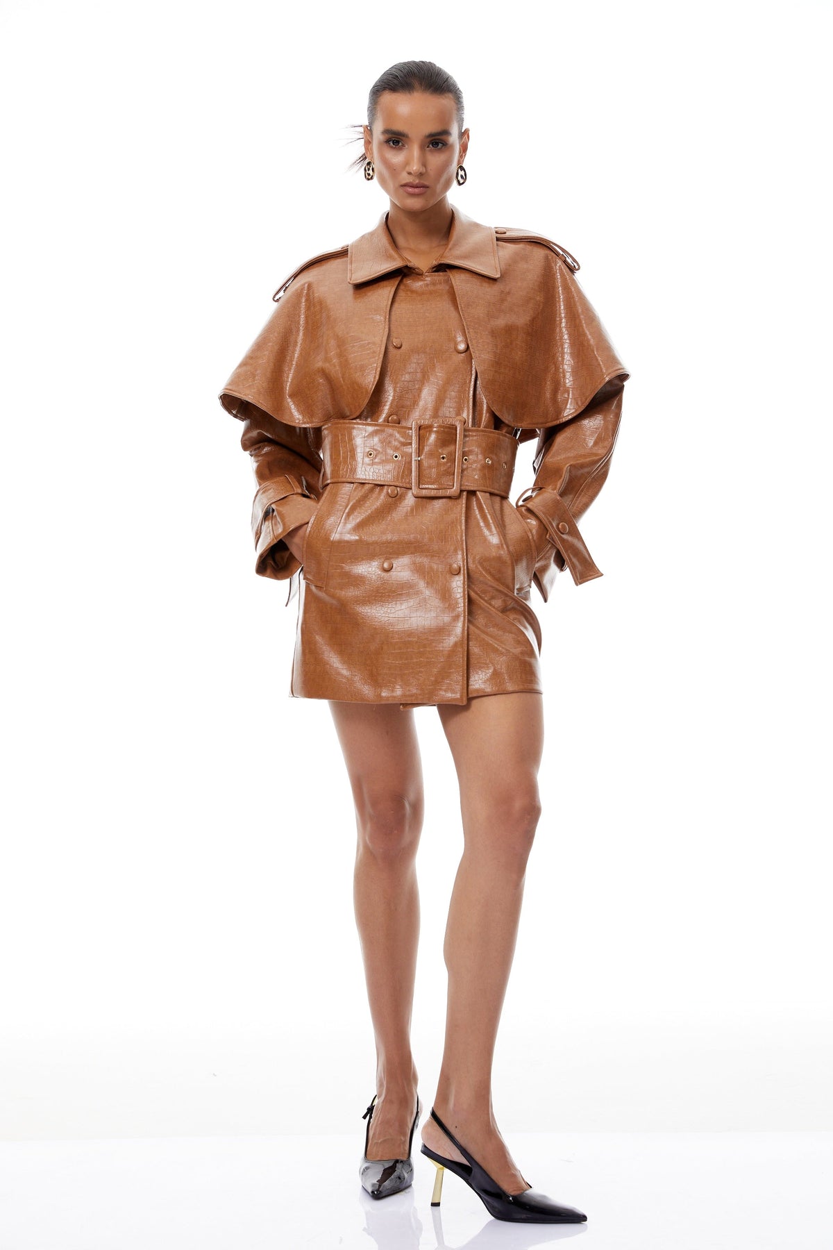 Lisette Caramel Textured Leather Trench Coat - Light brown