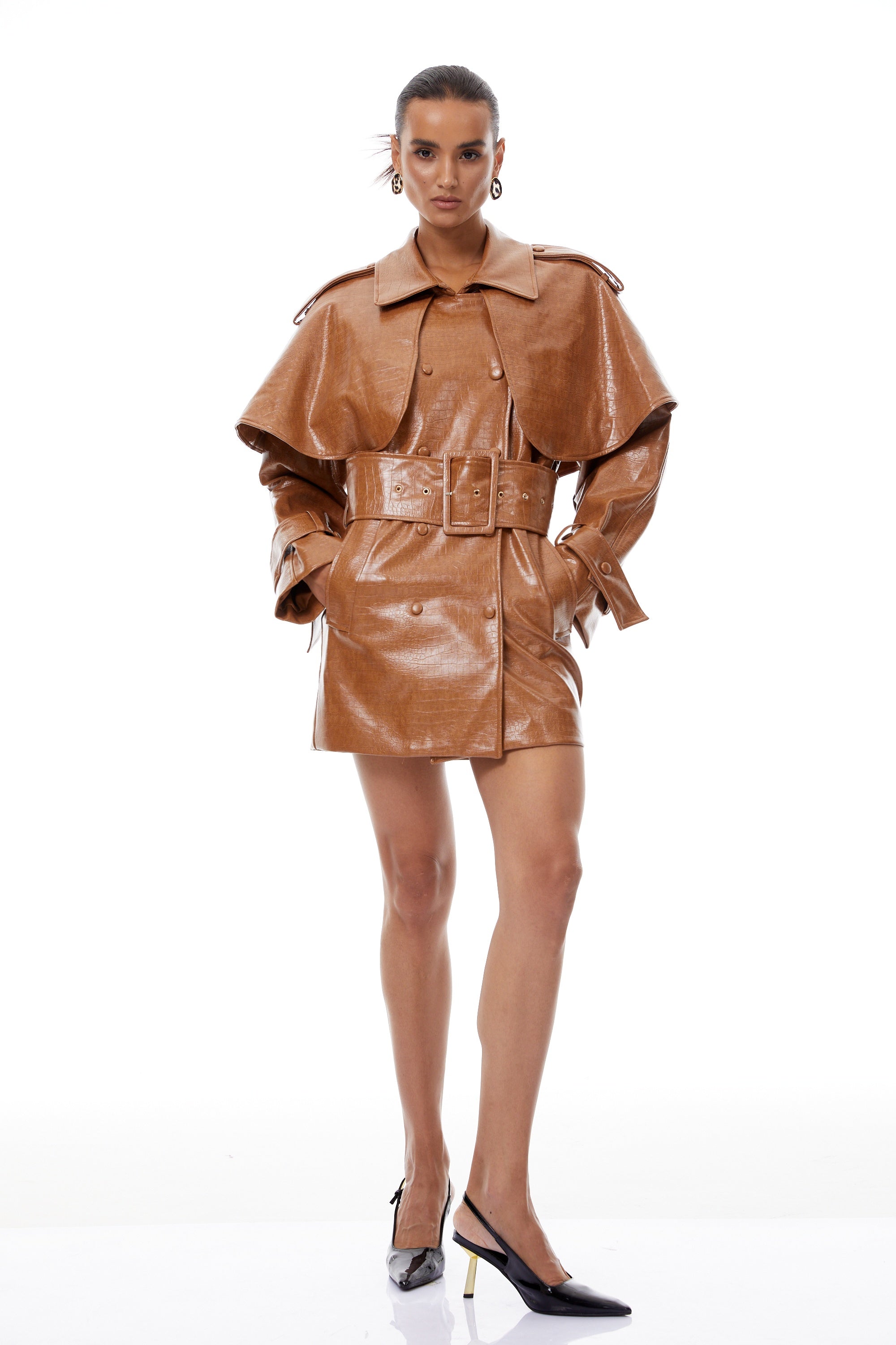 Lisette Caramel Textured Leather Trench Coat (Final Sale)