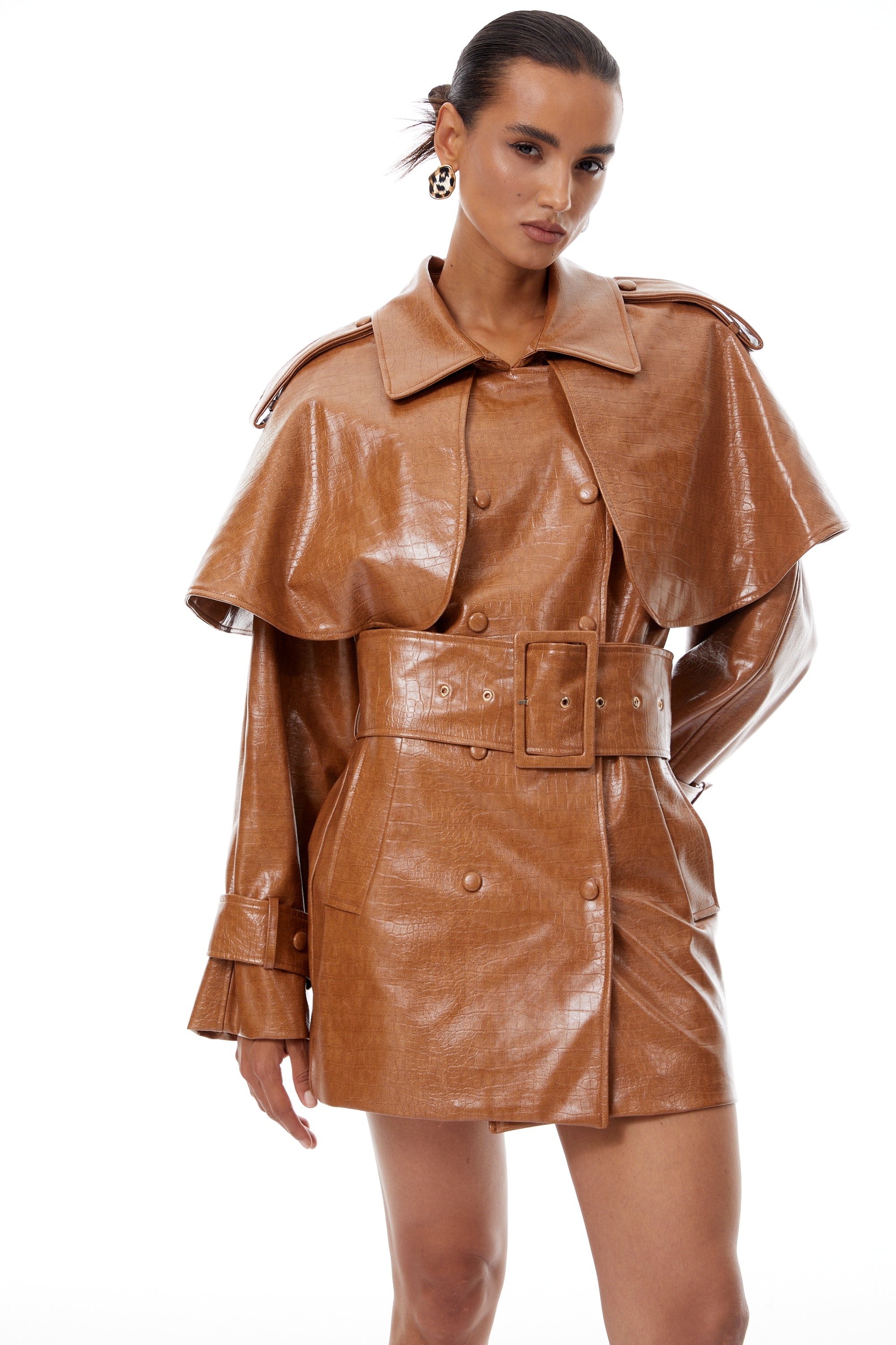 Lisette Caramel Textured Leather Trench Coat - Light brown
