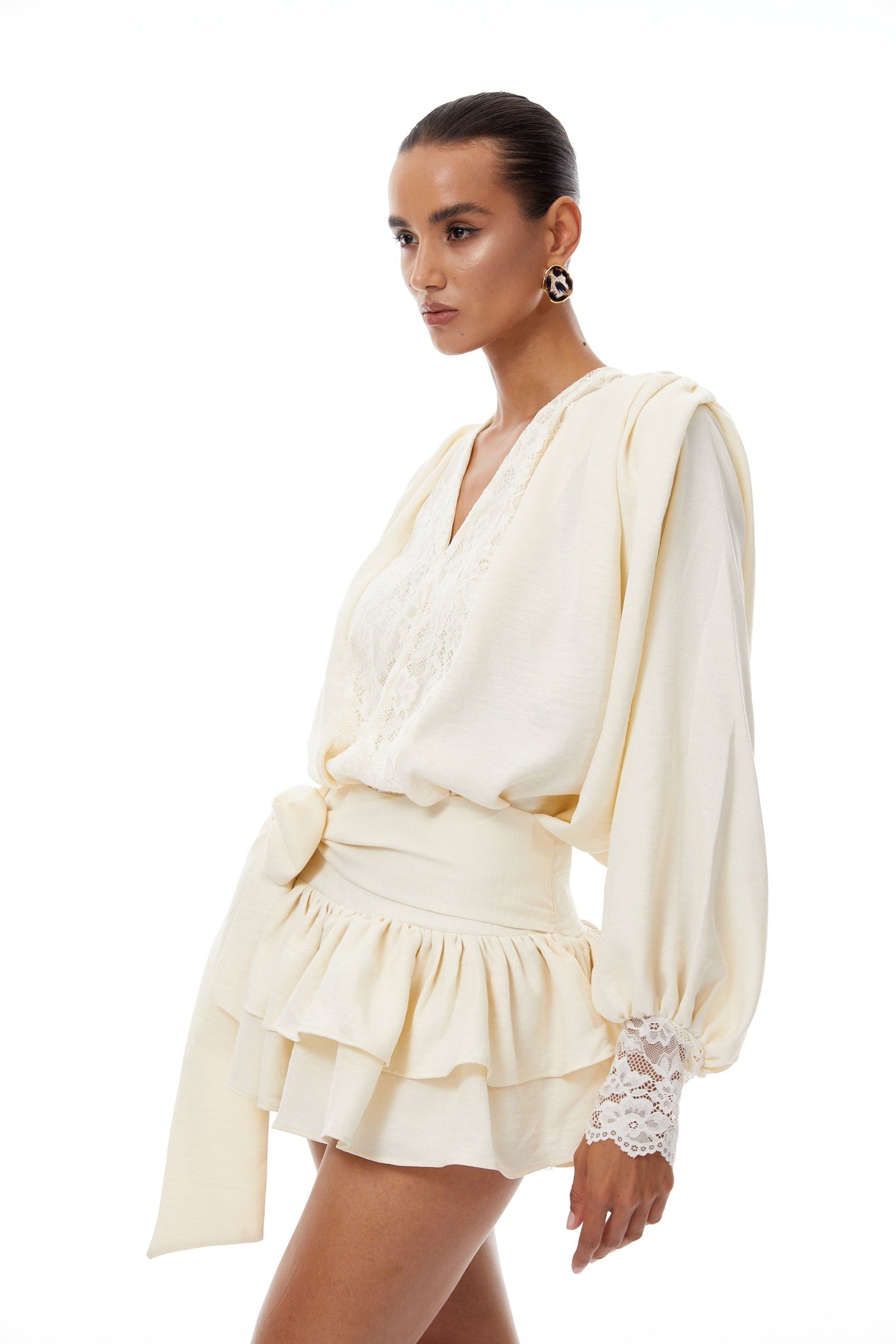 Victoire Neutral Lace Panel Blouse & Skirt Set