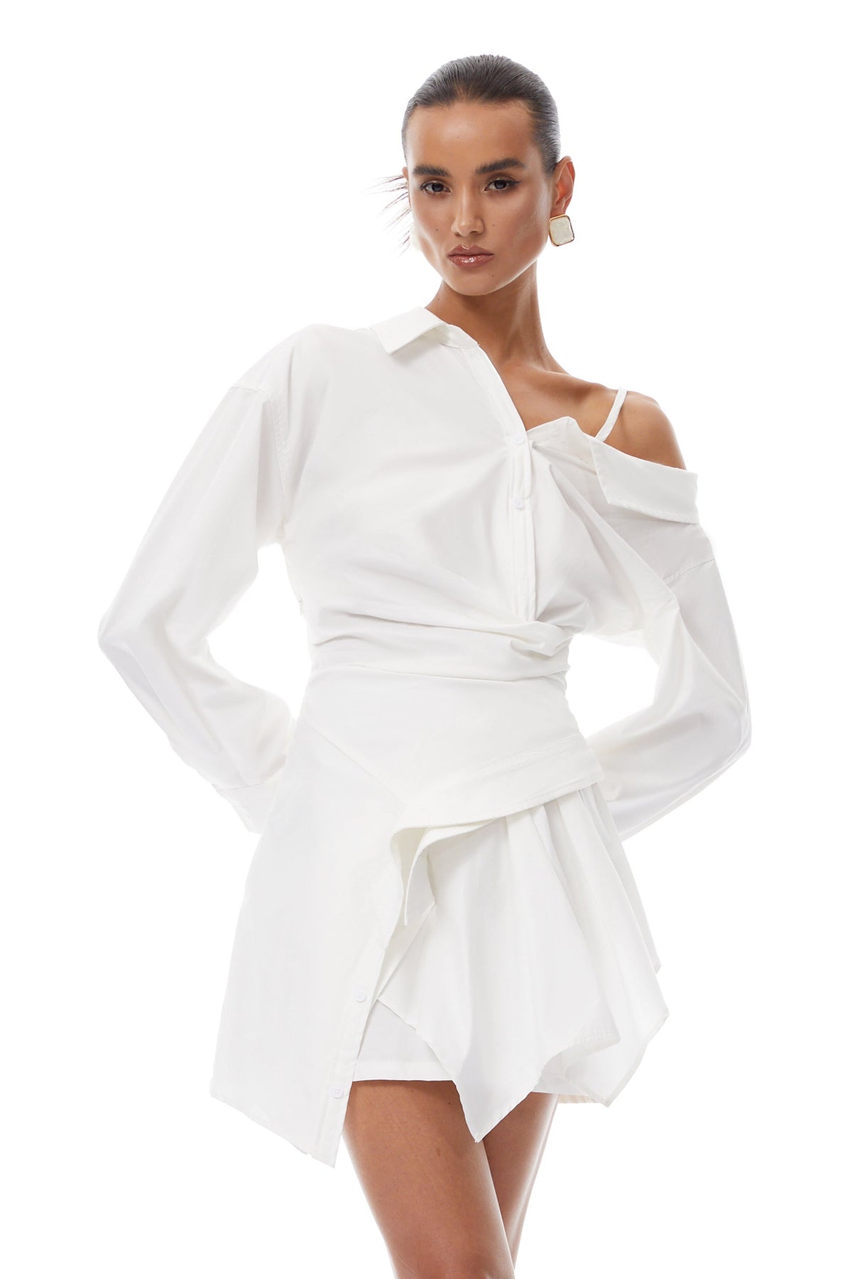 Tímea White Asymmetrical Mini Shirt Dress