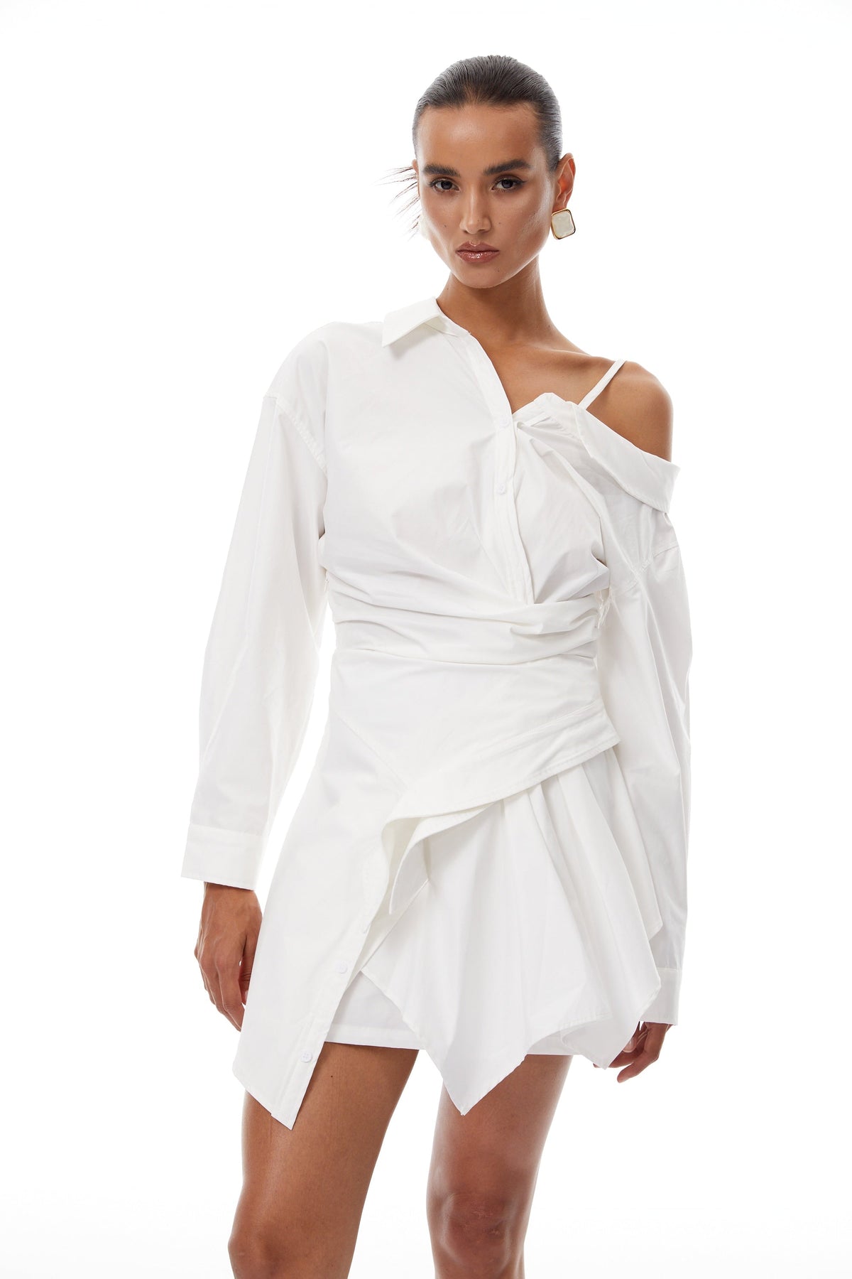 Tímea White Asymmetrical Mini Shirt Dress