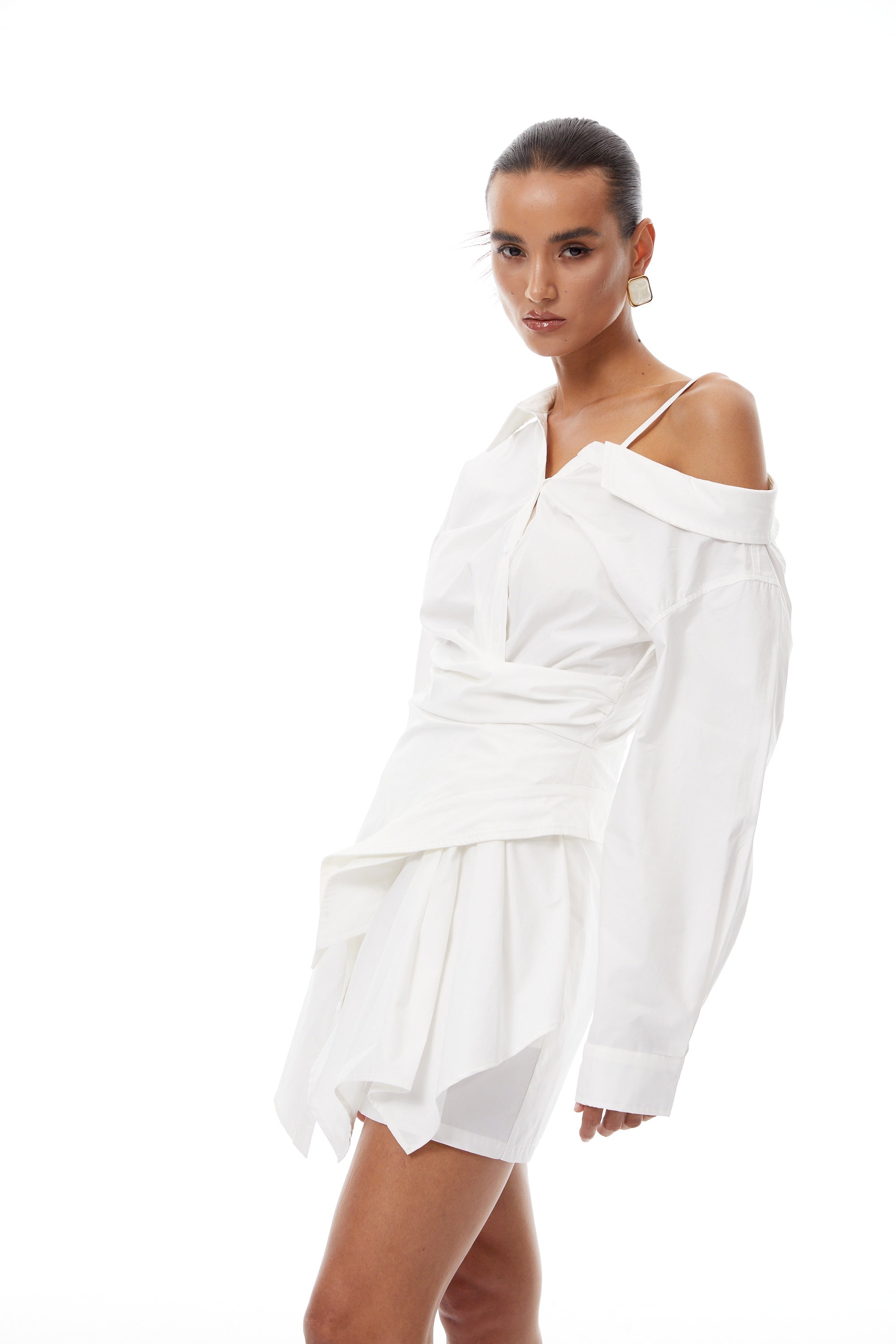 Tímea White Asymmetrical Mini Shirt Dress