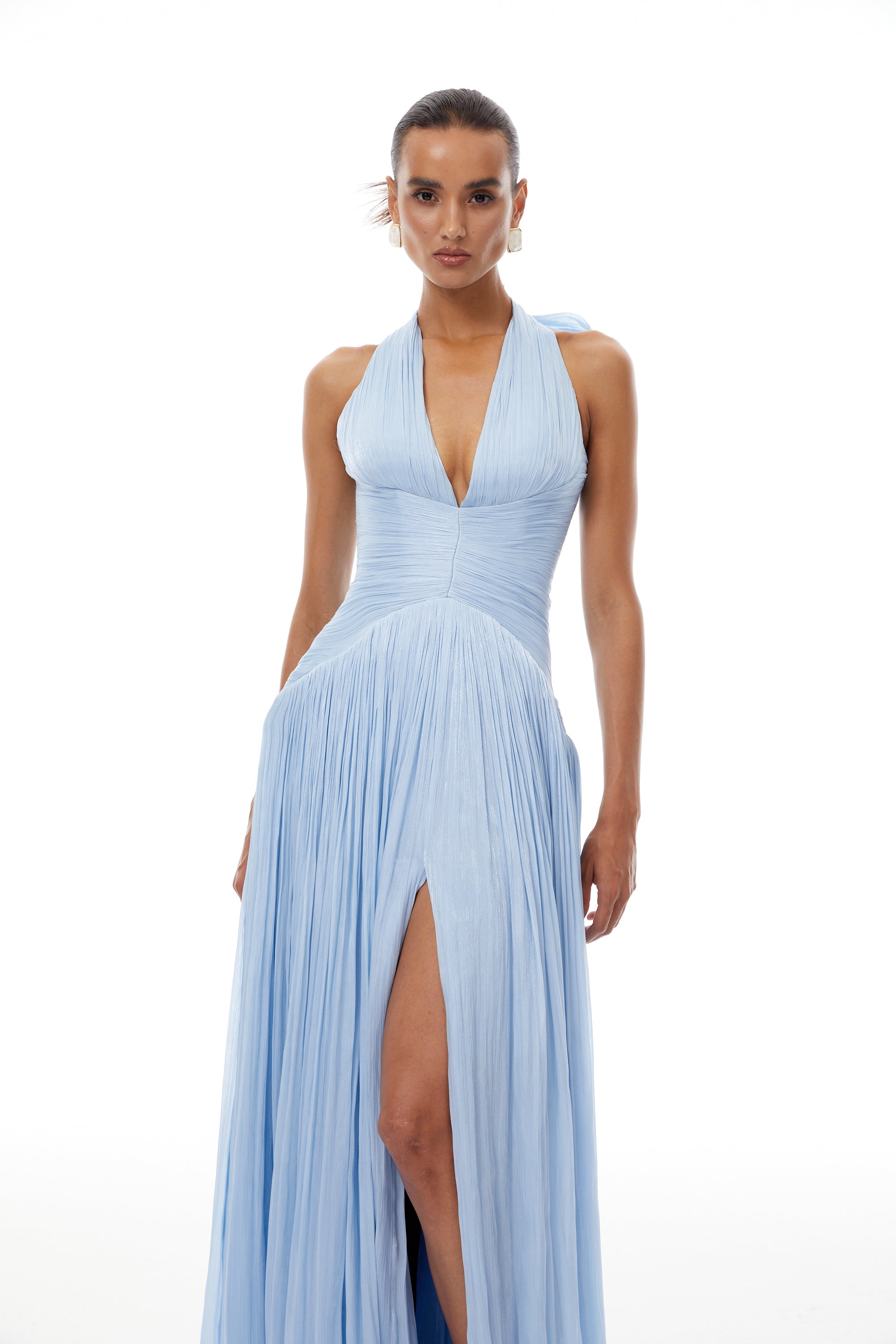 Térébenthine Blue Glossy Gathered Maxi Dress
