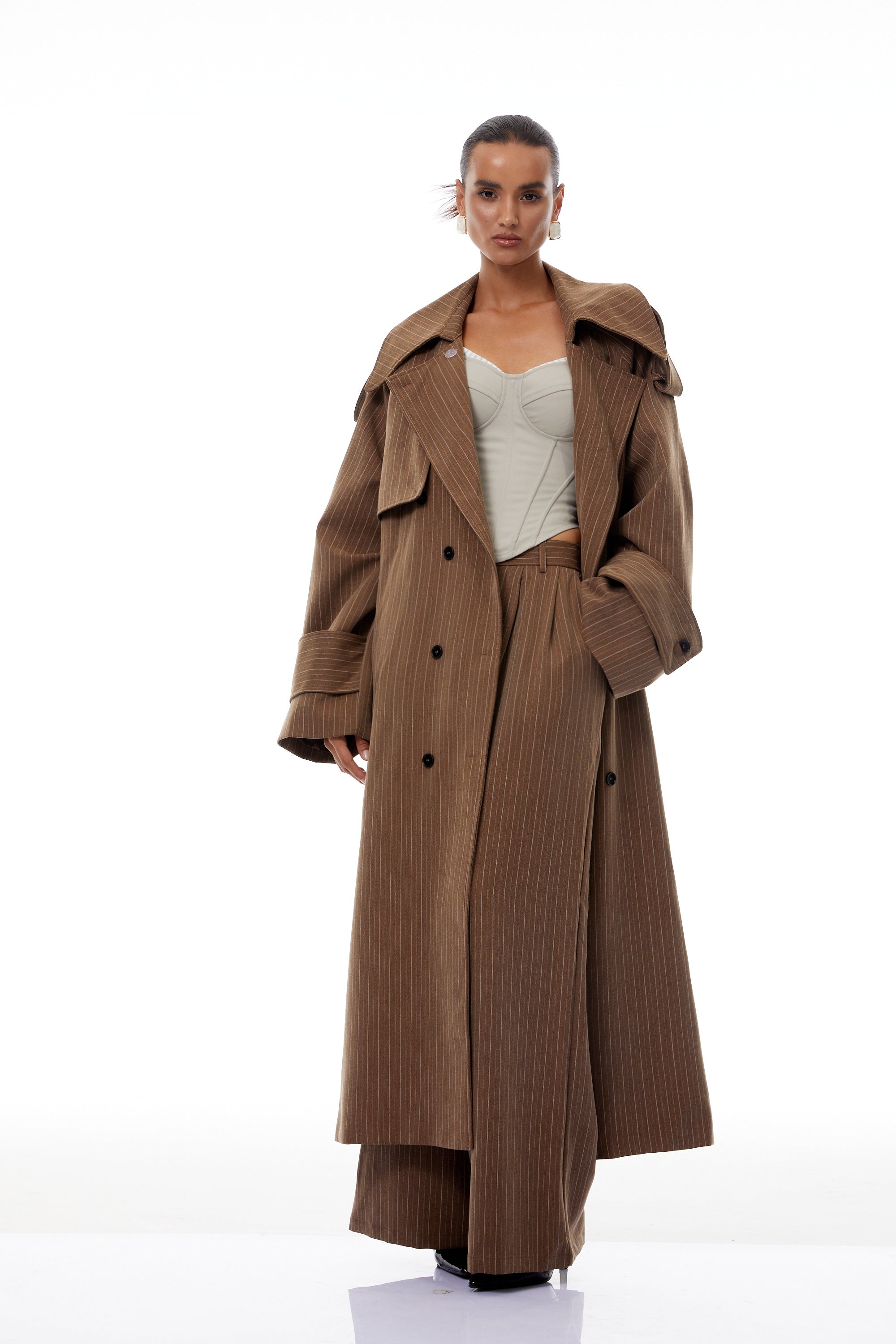 Clémence Brown Striped Trench Coat & Trousers Set (Final Sale-US Only)