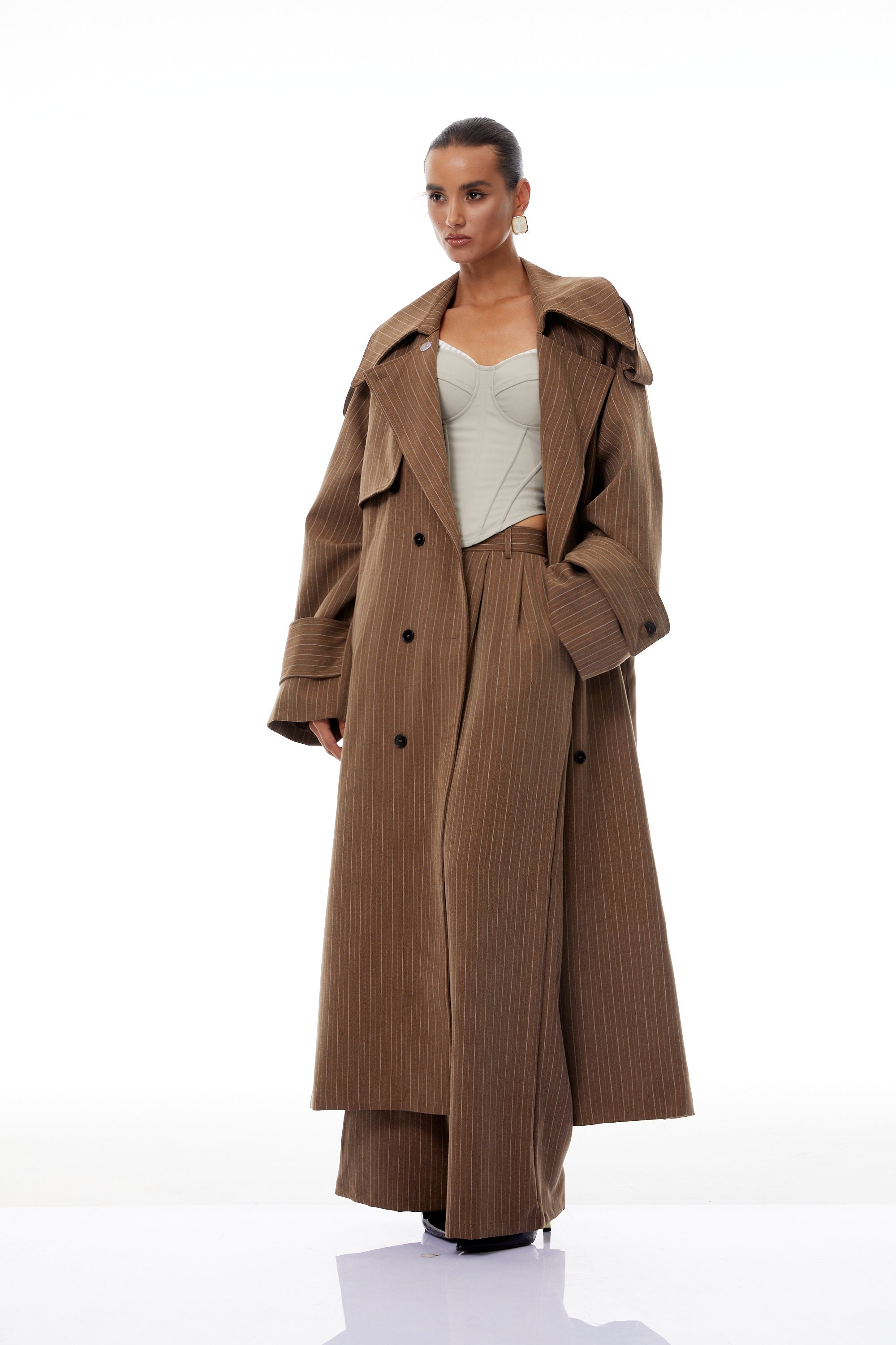 Clémence Brown Striped Trench Coat & Trousers Set