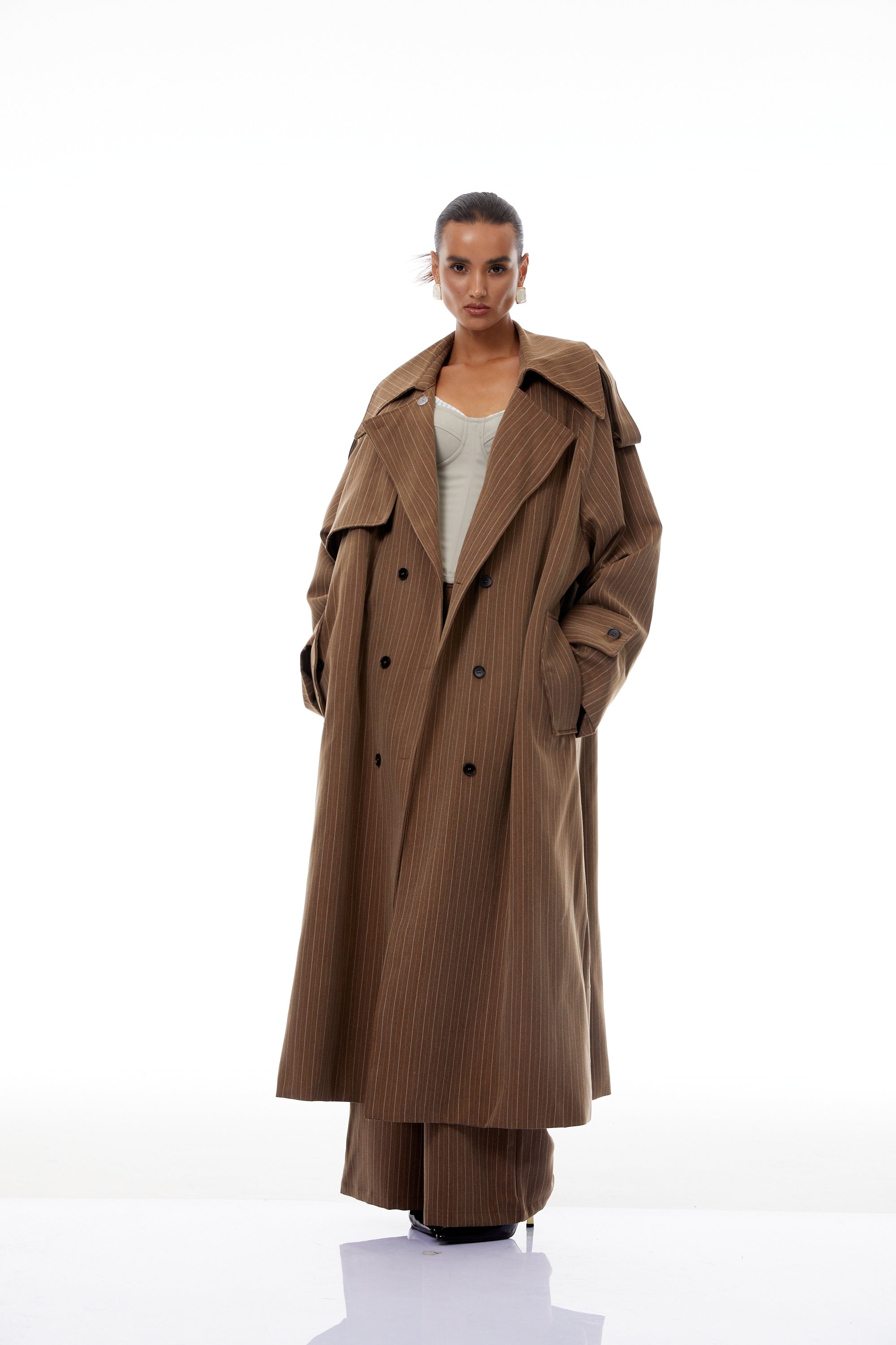 Clémence Brown Striped Trench Coat & Trousers Set