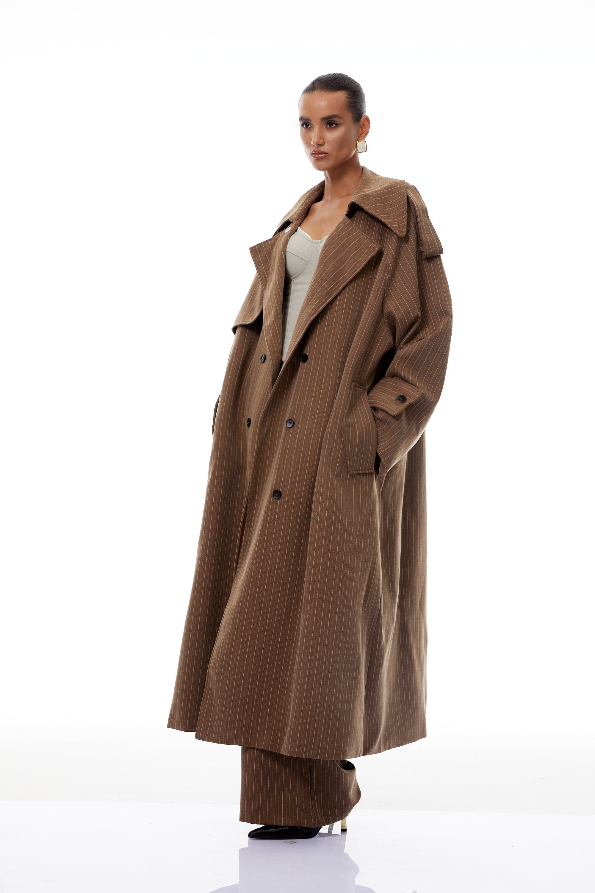 Clémence Brown Striped Trench Coat & Trousers Set (Final Sale-US Only)