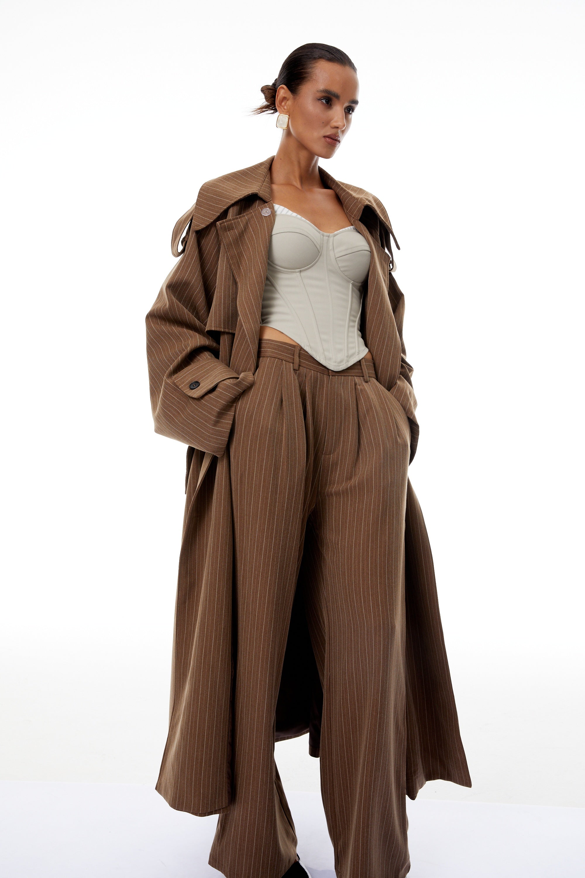 Clémence Brown Striped Trench Coat & Trousers Set