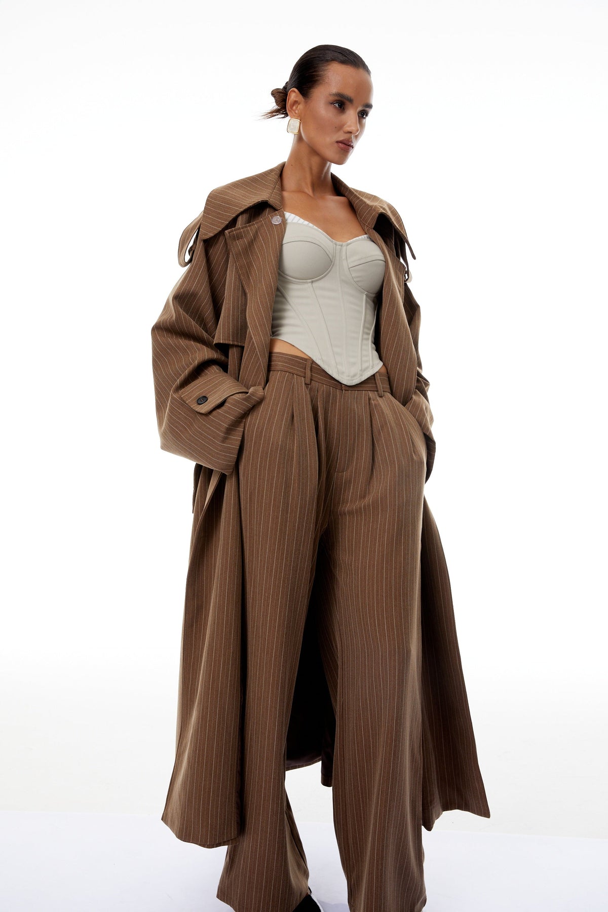 Clémence Brown Striped Trench Coat & Trousers Set