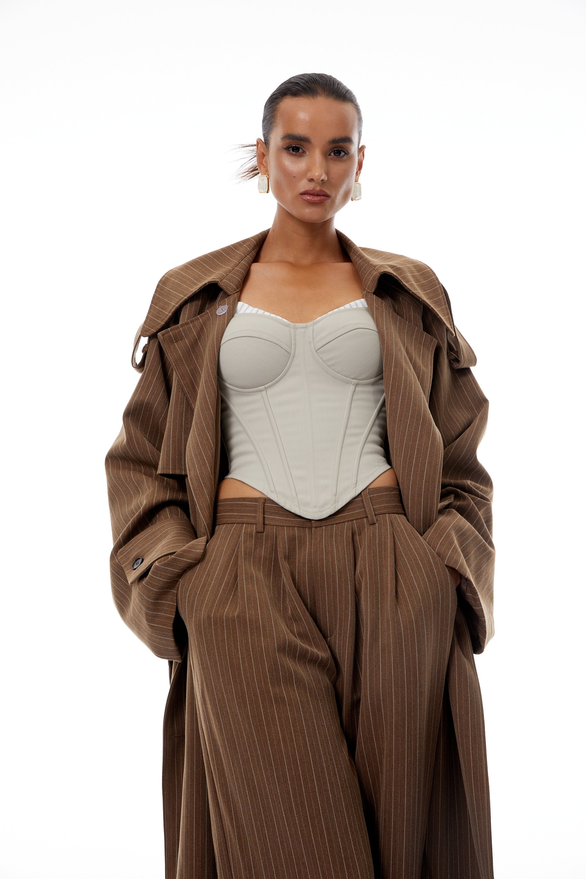 Clémence Brown Striped Trench Coat & Trousers Set