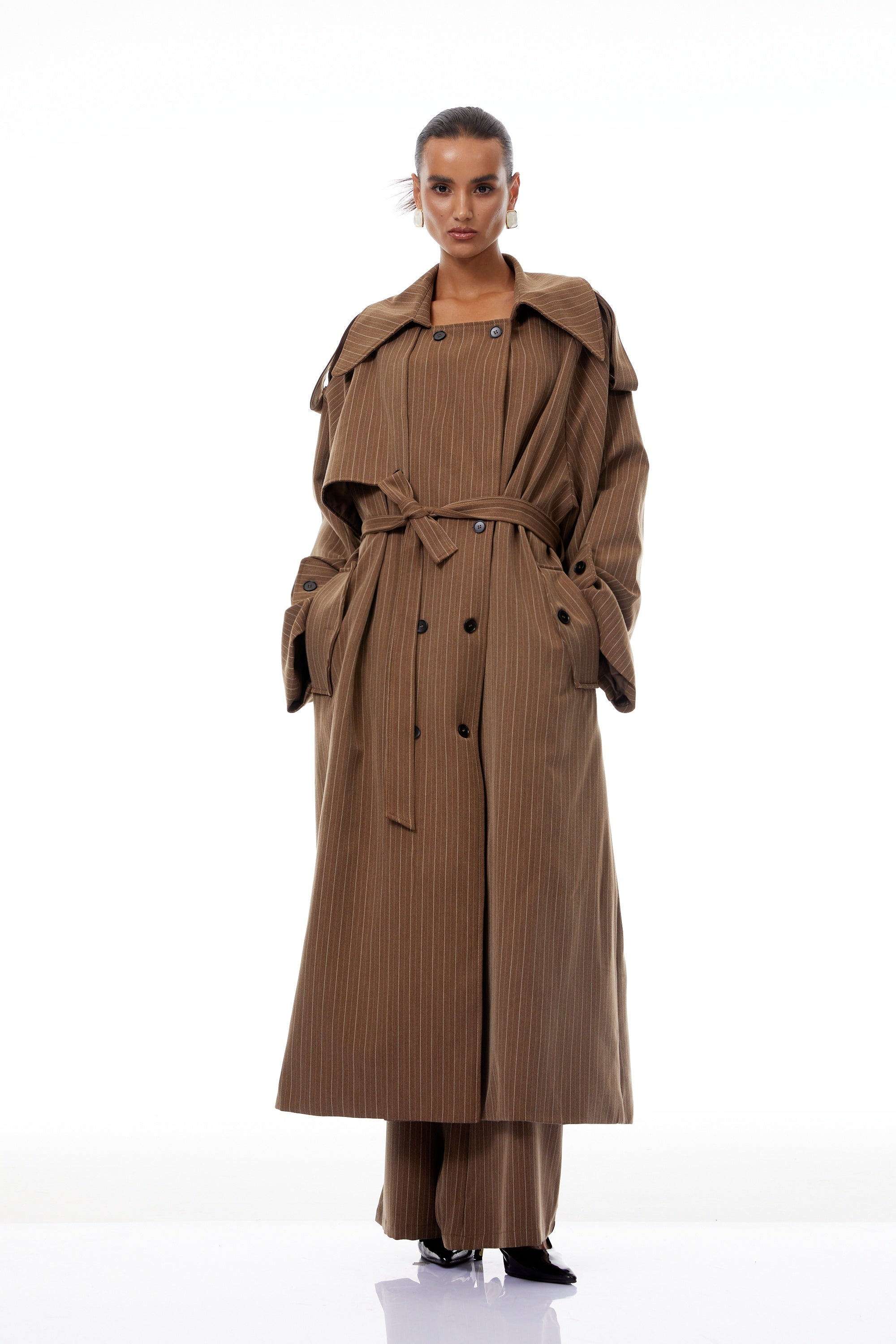 Clémence Brown Striped Trench Coat & Trousers Set