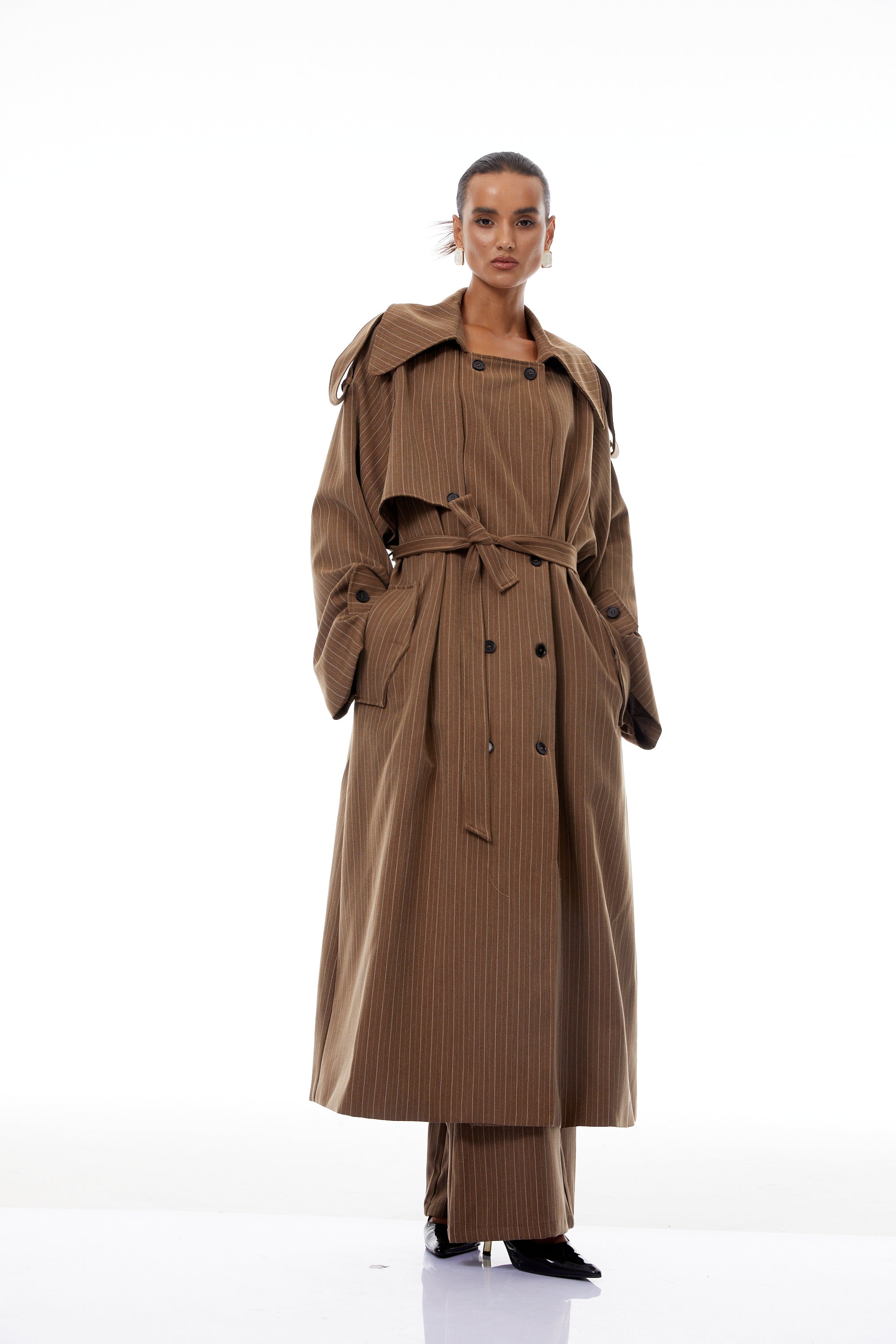 Clémence Brown Striped Trench Coat & Trousers Set