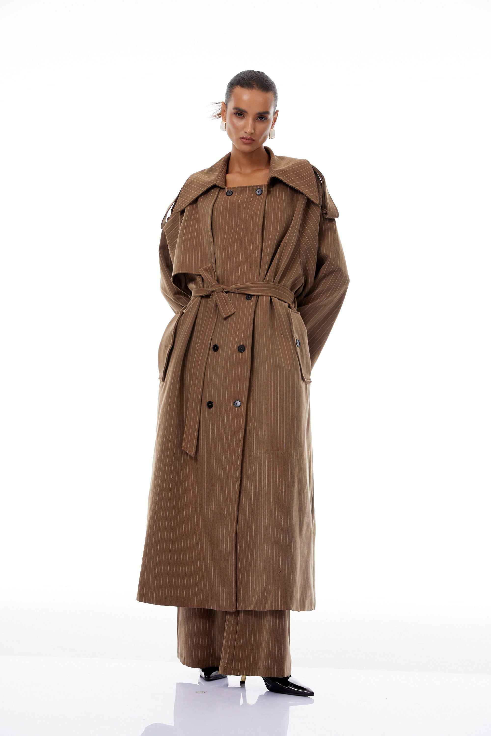 Clémence Brown Striped Trench Coat & Trousers Set