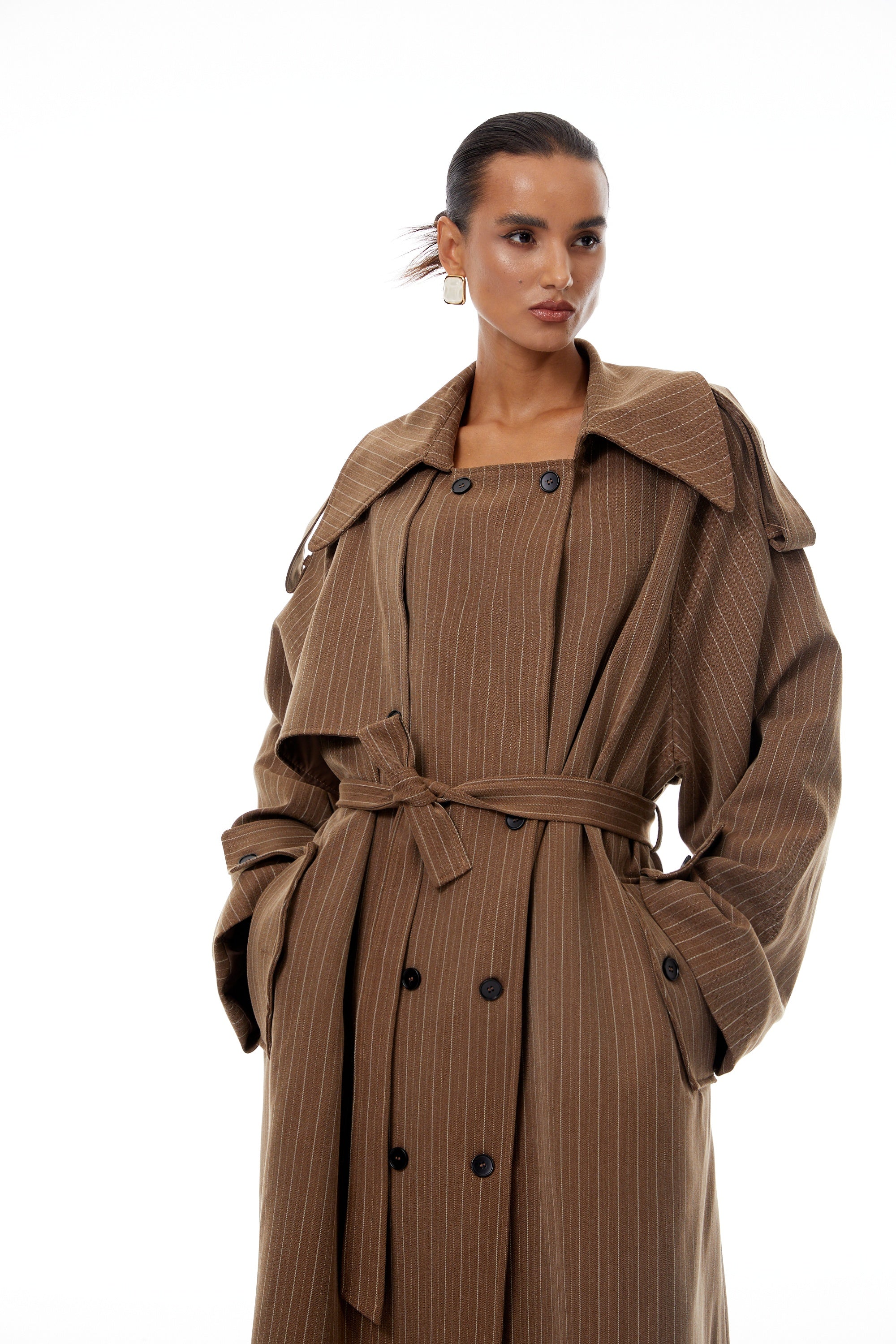 Clémence Brown Striped Trench Coat & Trousers Set