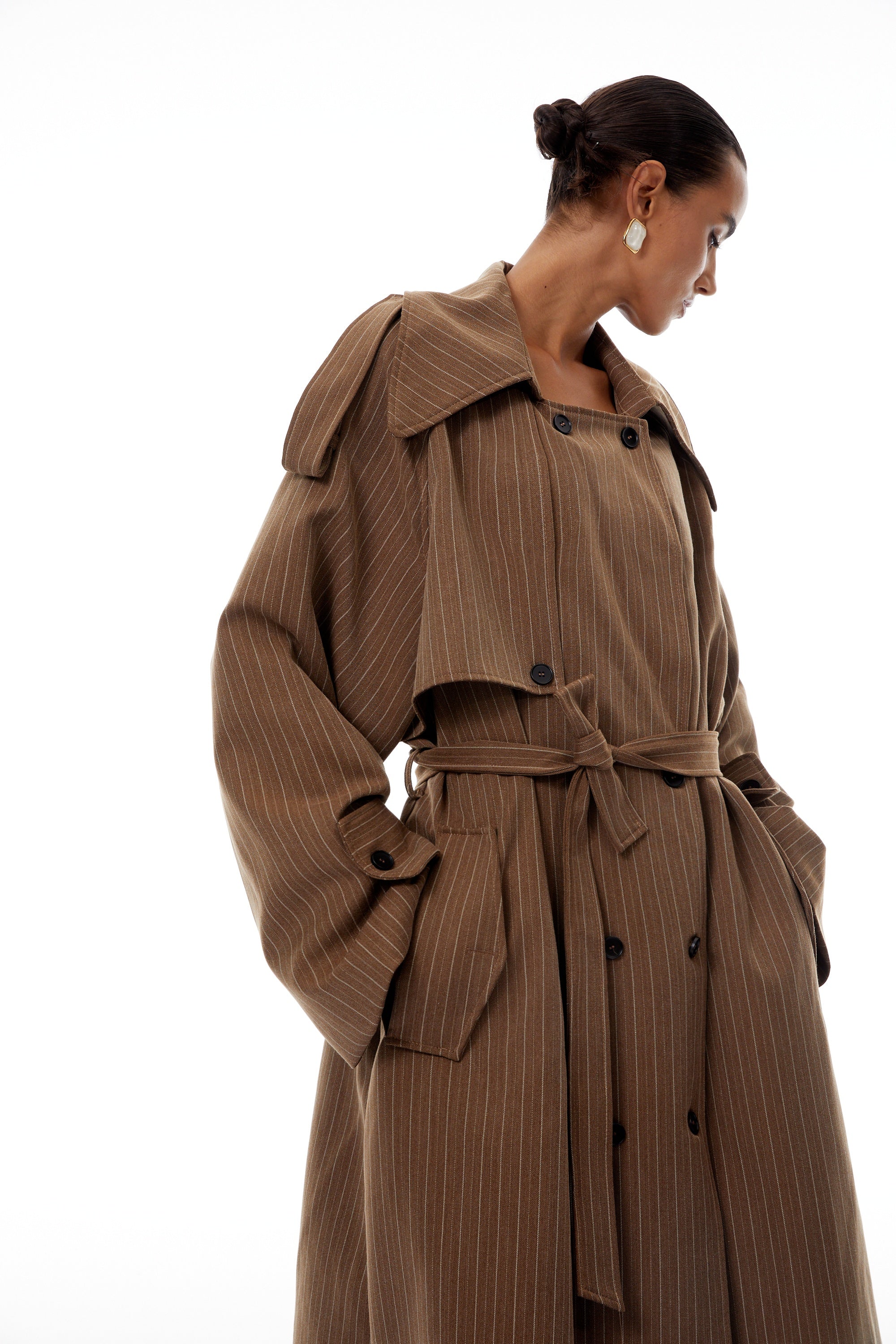 Clémence Brown Striped Trench Coat & Trousers Set