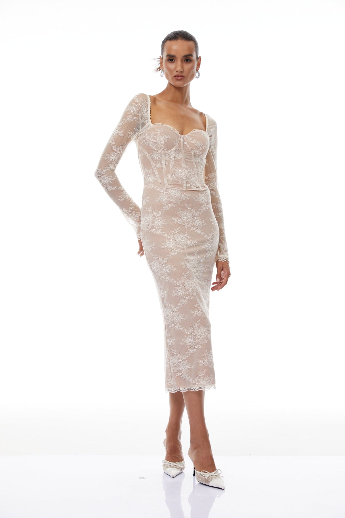 Nóra Neutral Floral Lace Corset Midi Dress