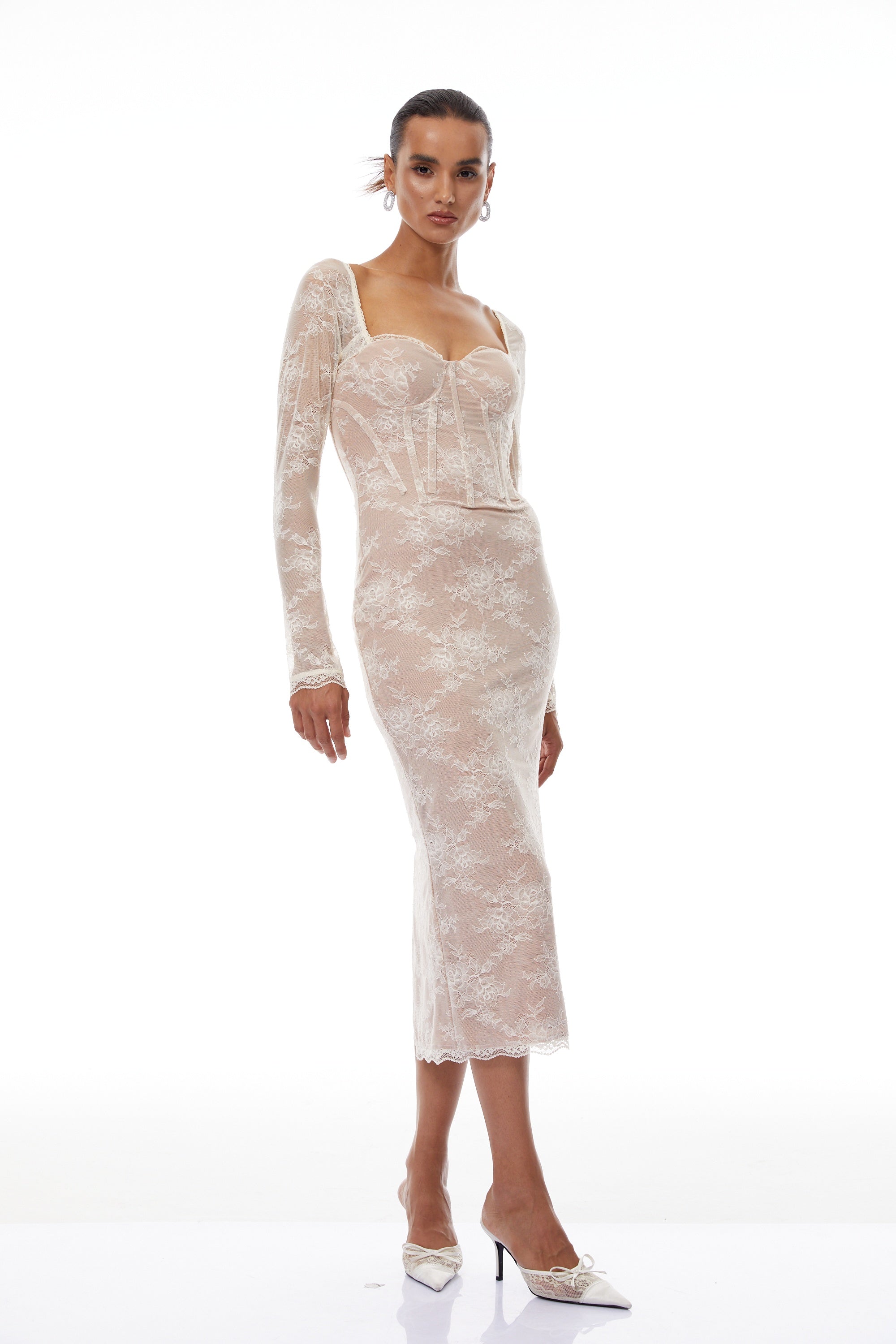 Nóra Neutral Floral Lace Corset Midi Dress