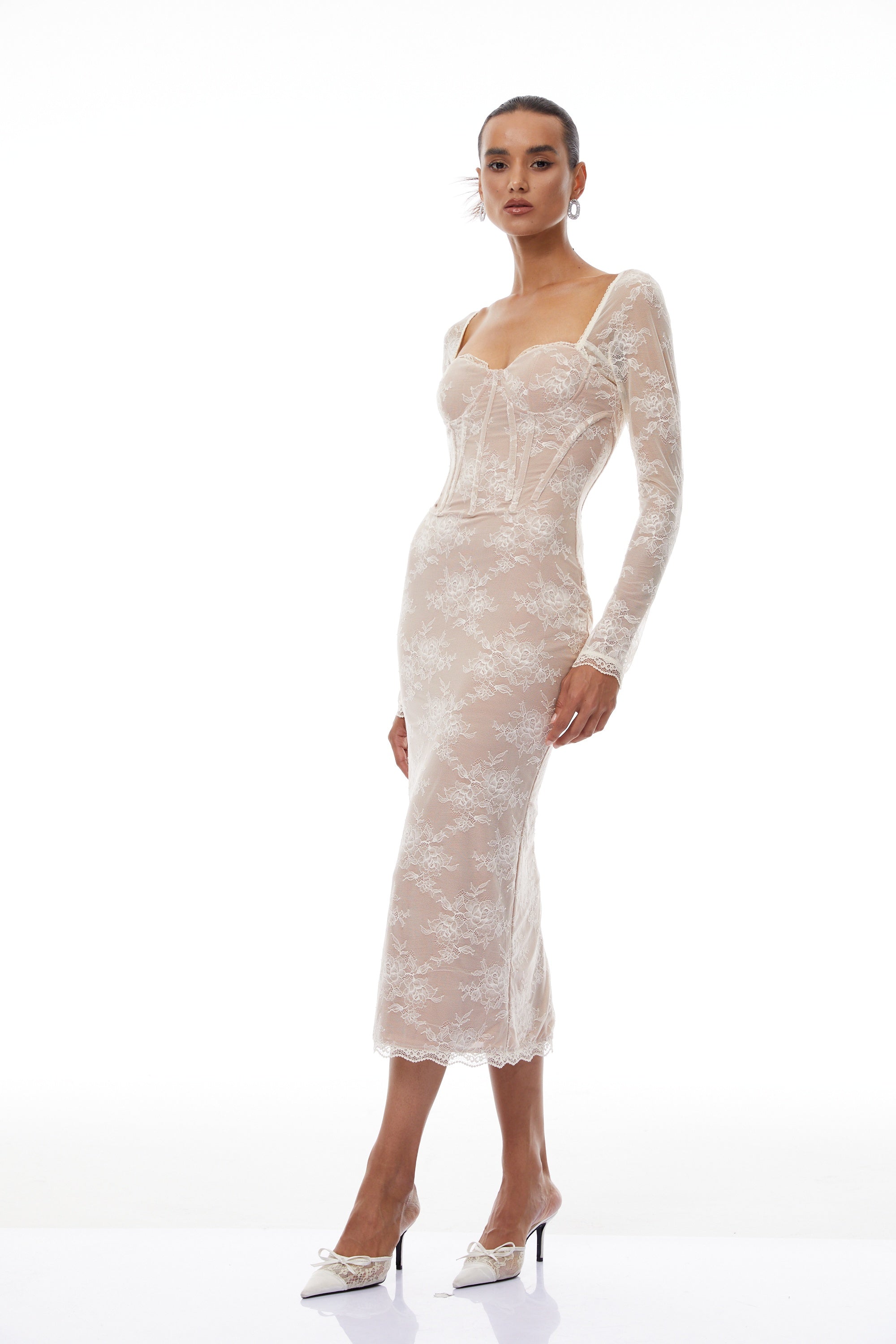 Nóra Neutral Floral Lace Corset Midi Dress