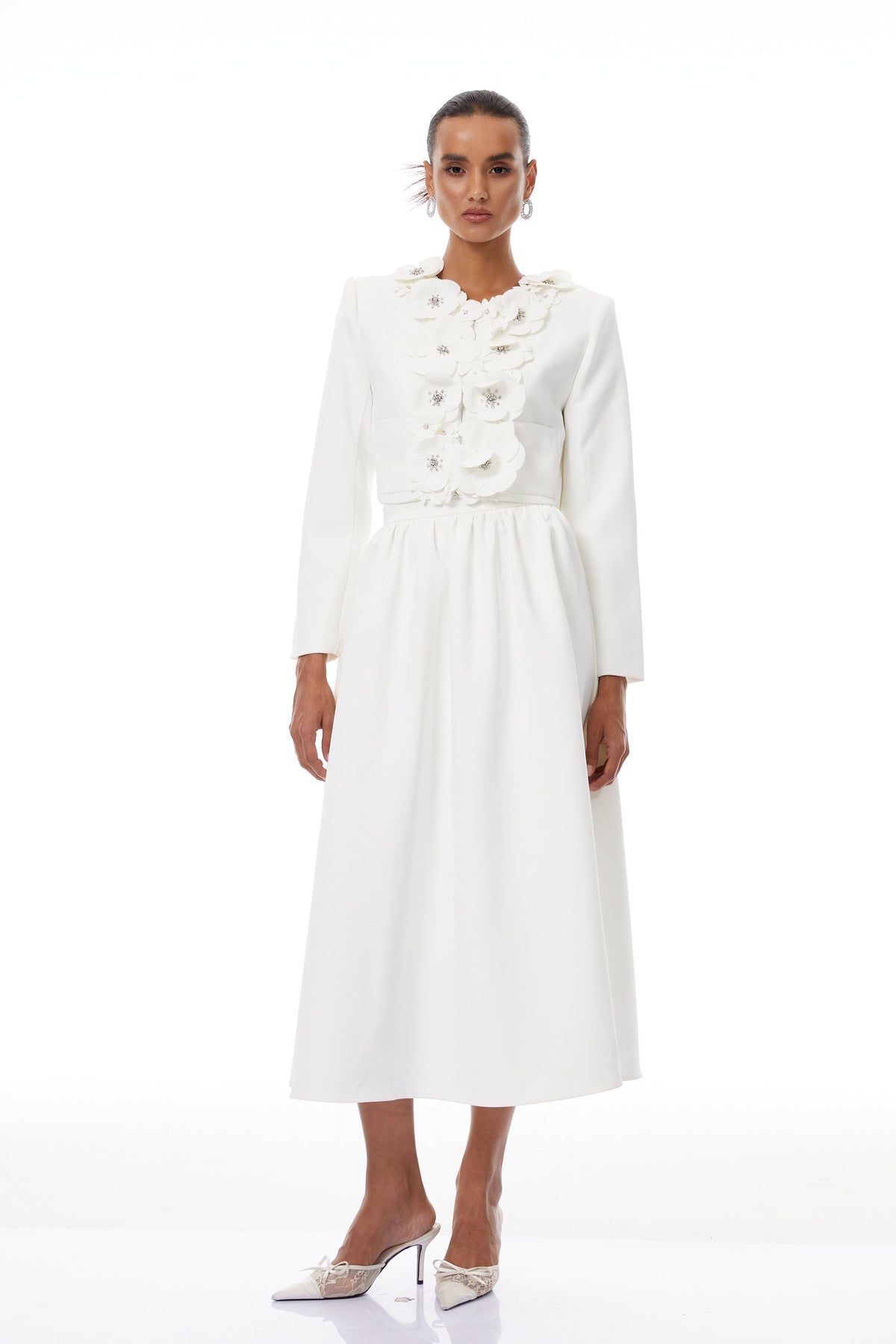 Élodie White Floral Appliqué Jacket & Skirt Set - White