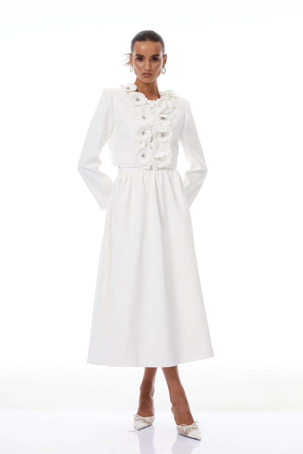 Élodie White Floral Appliqué Jacket & Skirt Set - White