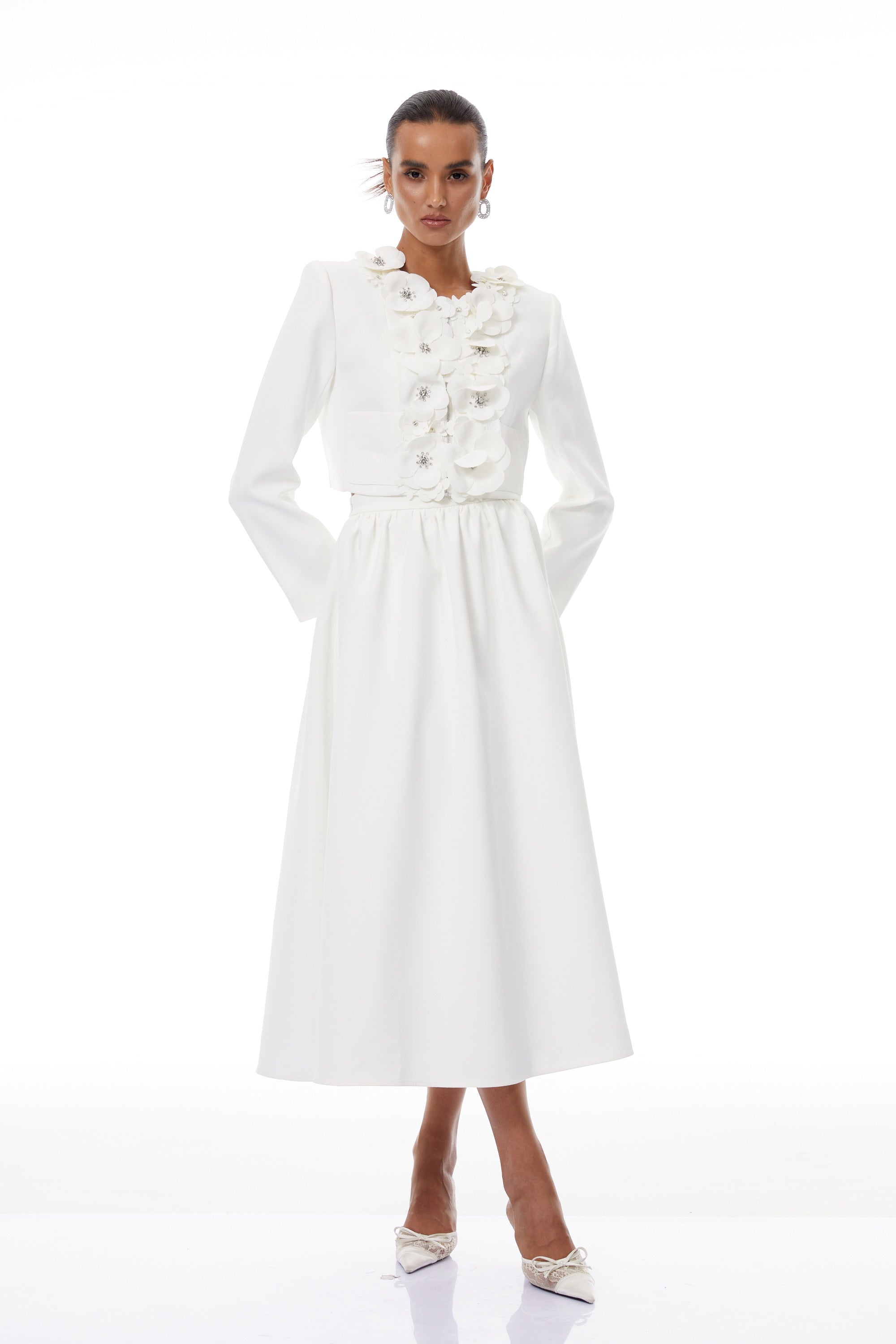 Élodie White Floral Appliqué Jacket & Skirt Set - white set