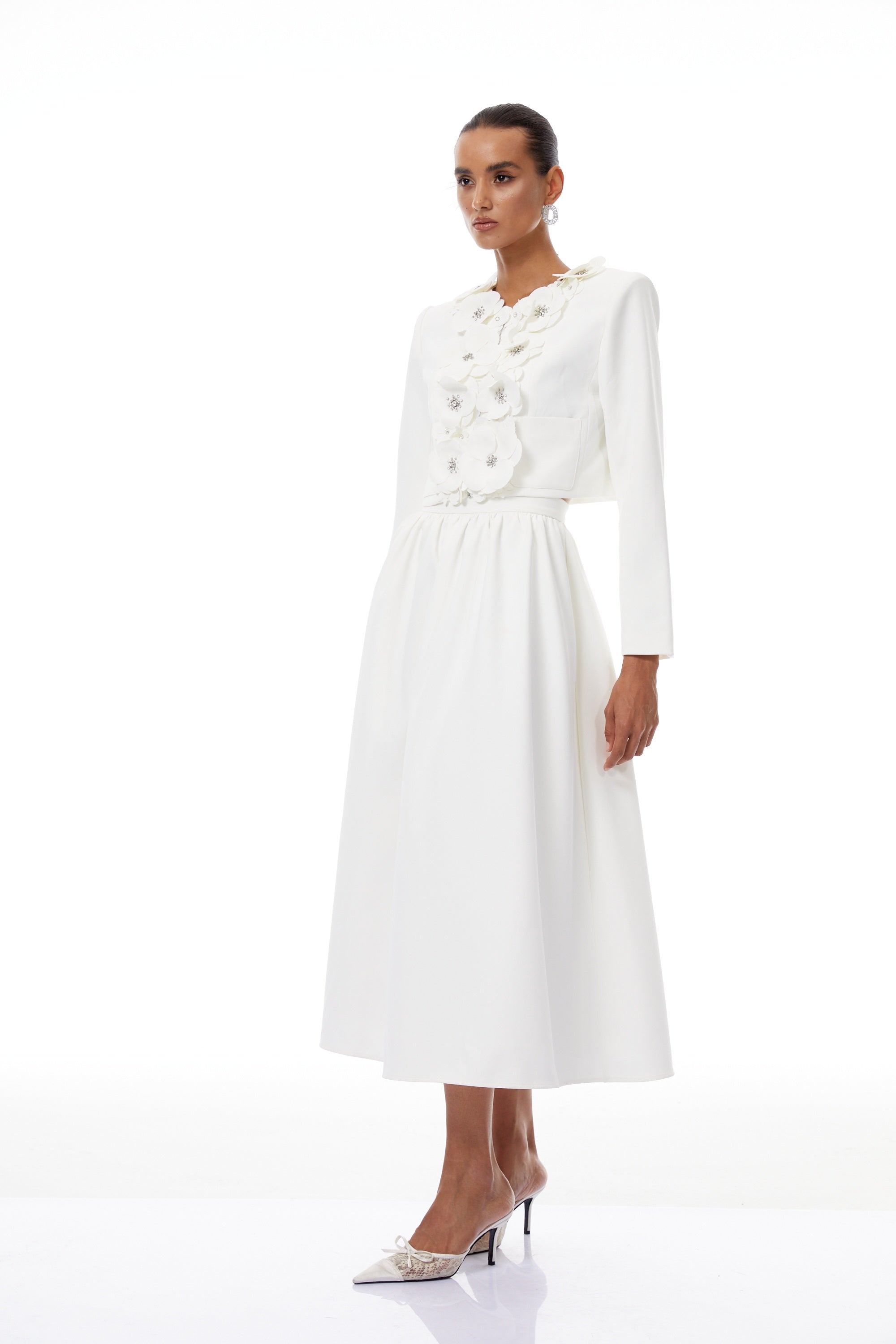 Élodie White Floral Appliqué Jacket & Skirt Set - white set