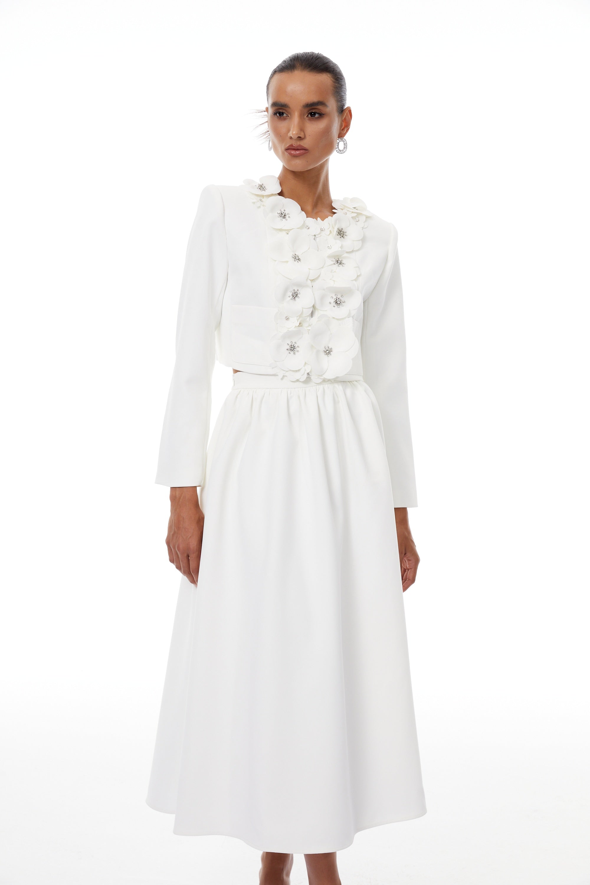 Élodie White Floral Appliqué Jacket & Skirt Set - white set