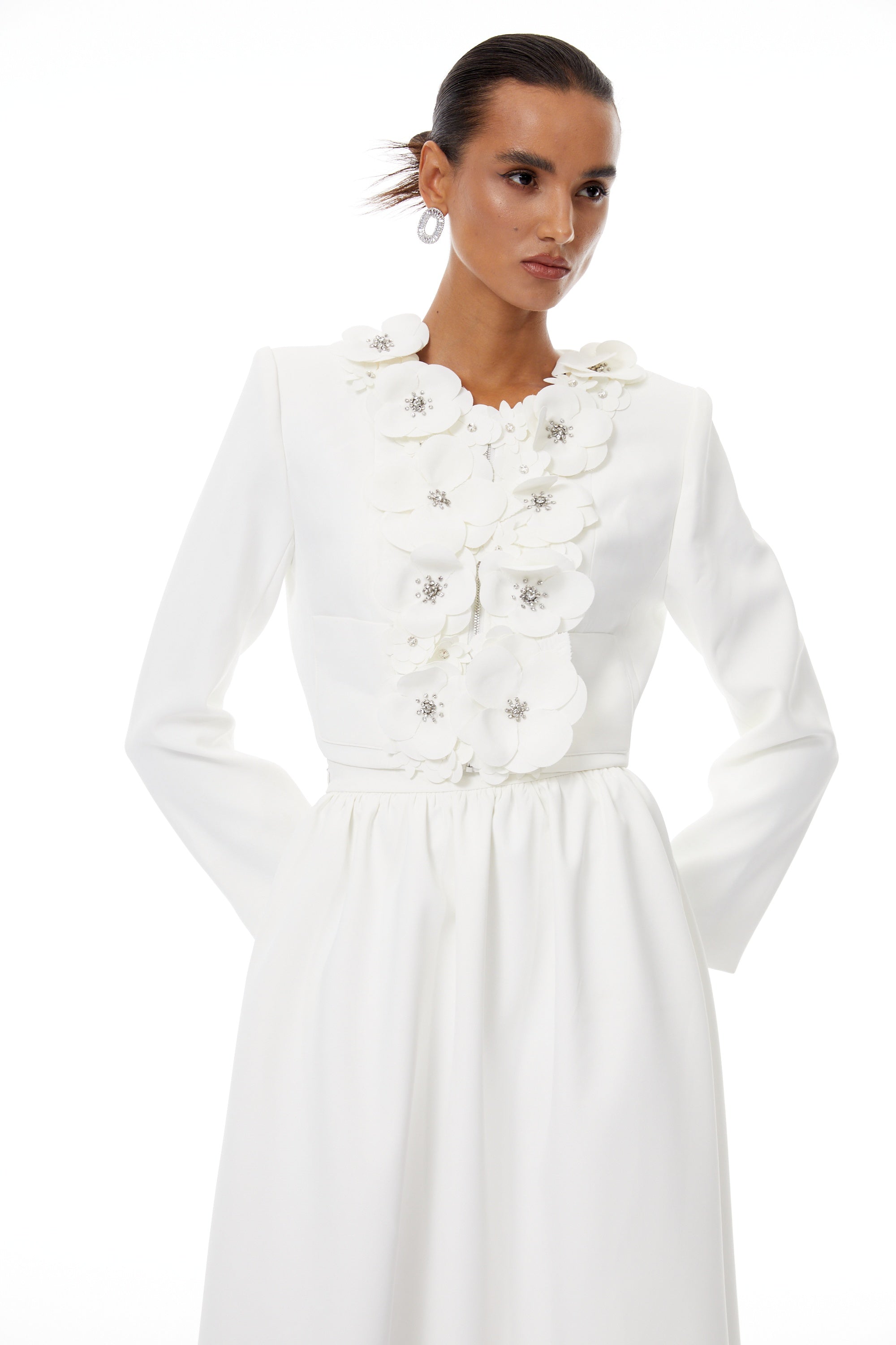 Élodie White Floral Appliqué Jacket & Skirt Set - white set