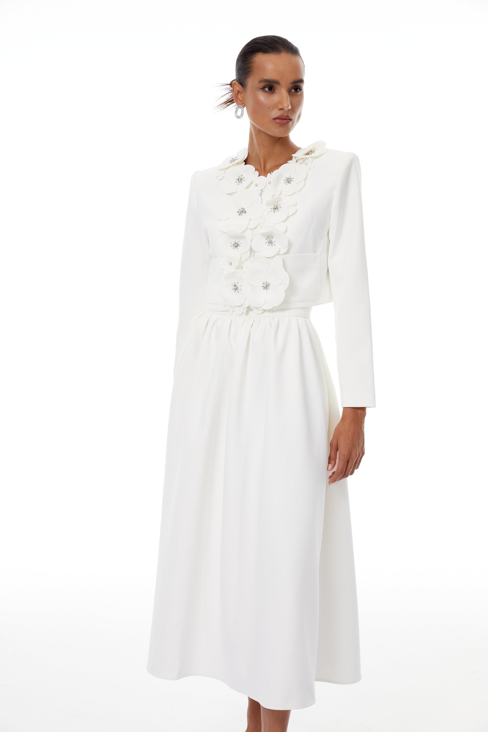 Élodie White Floral Appliqué Jacket & Skirt Set - white set